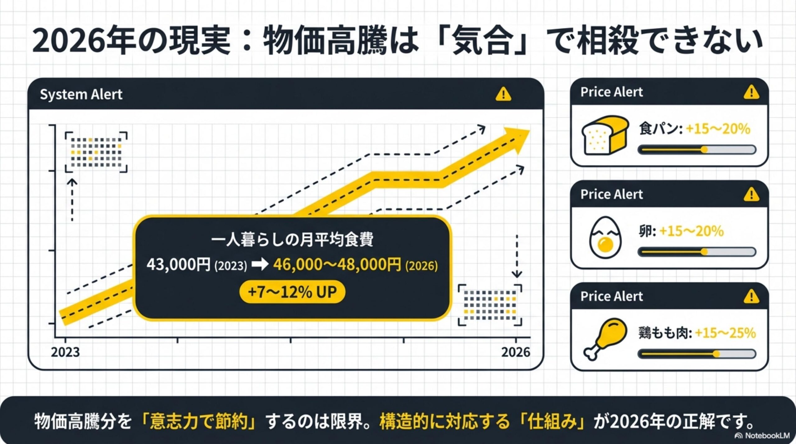 2026年の現実：物価高騰は気合で相殺できない。一人暮らしの月平均食費43,000円（2023）→46,000〜48,000円（2026）。食パン・卵・鶏もも肉がそれぞれ15〜25%値上がり。物価高騰分を意志力で節約するのは限界。構造的に対応する仕組みが2026年の正解
