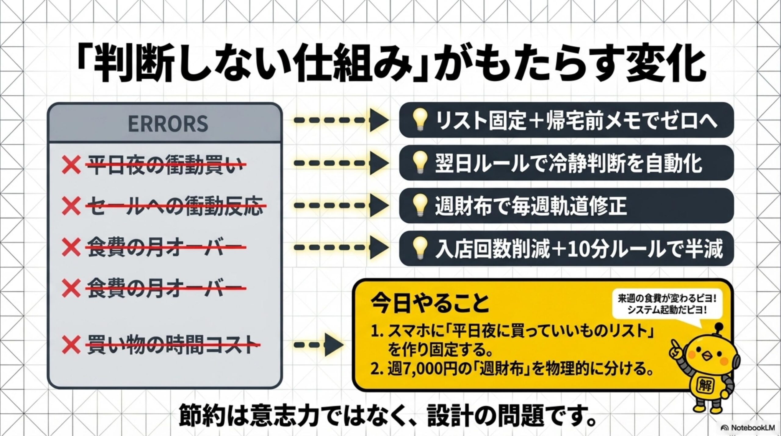 判断しない仕組みがもたらす変化。平日夜の衝動買い→リスト固定＋帰宅前メモでゼロへ。セールへの衝動反応→翌日ルールで冷静判断を自動化。食費の月オーバー→週財布で毎週軌道修正。買い物の時間コスト→入店回数削減＋10分ルールで半減。今日やること：1.スマホに平日夜に買っていいものリストを作り固定する。2.週7,000円の週財布を物理的に分ける。節約は意志力ではなく設計の問題です