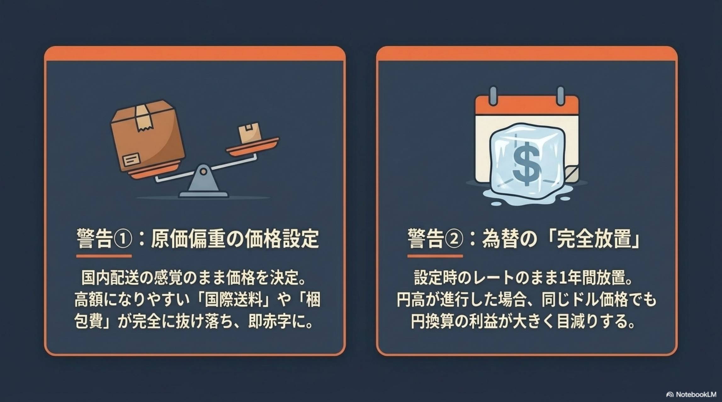 警告①：国内配送の感覚で価格設定する原価偏重ミス。警告②：設定時のレートのまま1年間放置する為替完全放置ミス