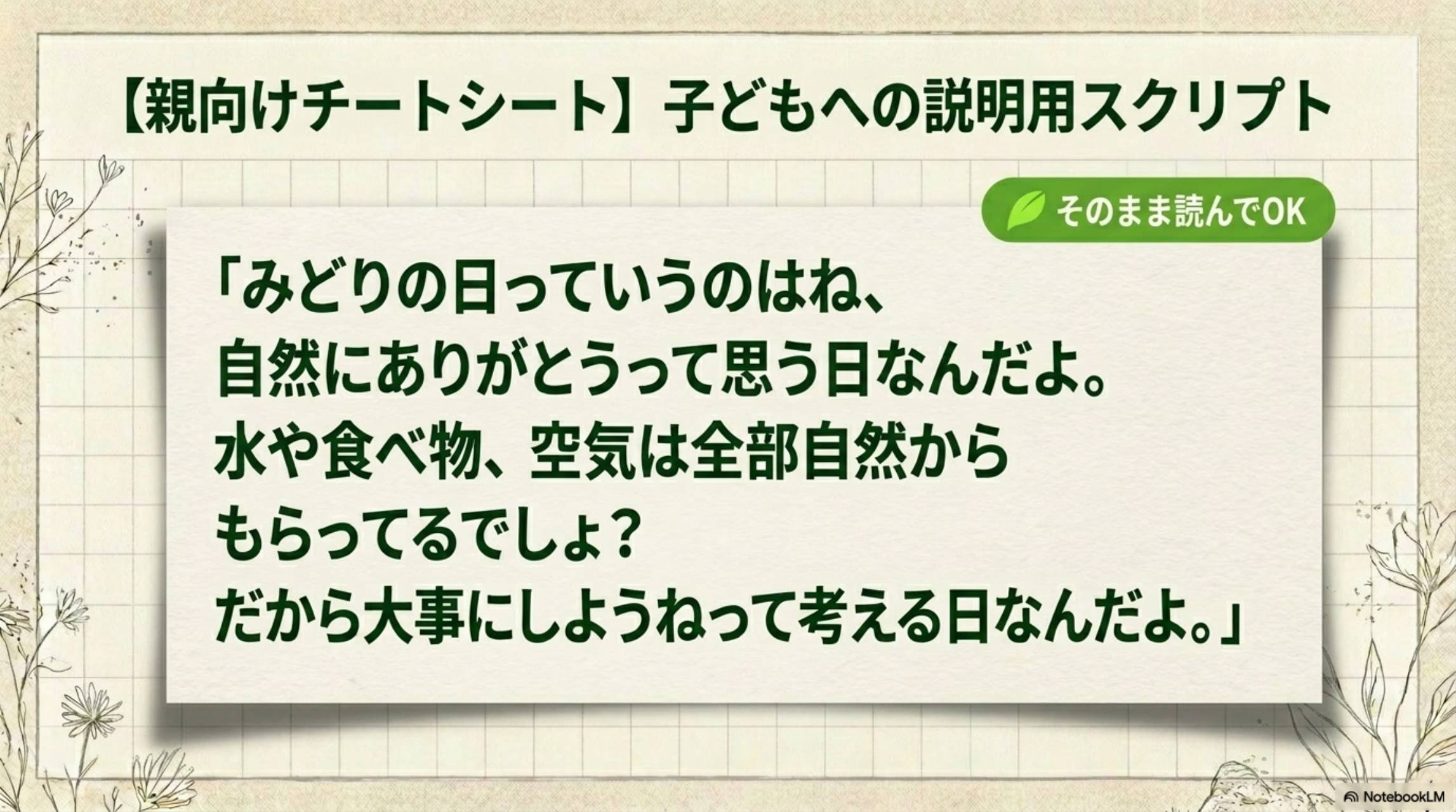 【親向けチートシート】子どもへの説明用スクリプト（そのまま読んでOK）。「みどりの日っていうのはね、自然にありがとうって思う日なんだよ。水や食べ物、空気は全部自然からもらってるでしょ？だから大事にしようねって考える日なんだよ。」