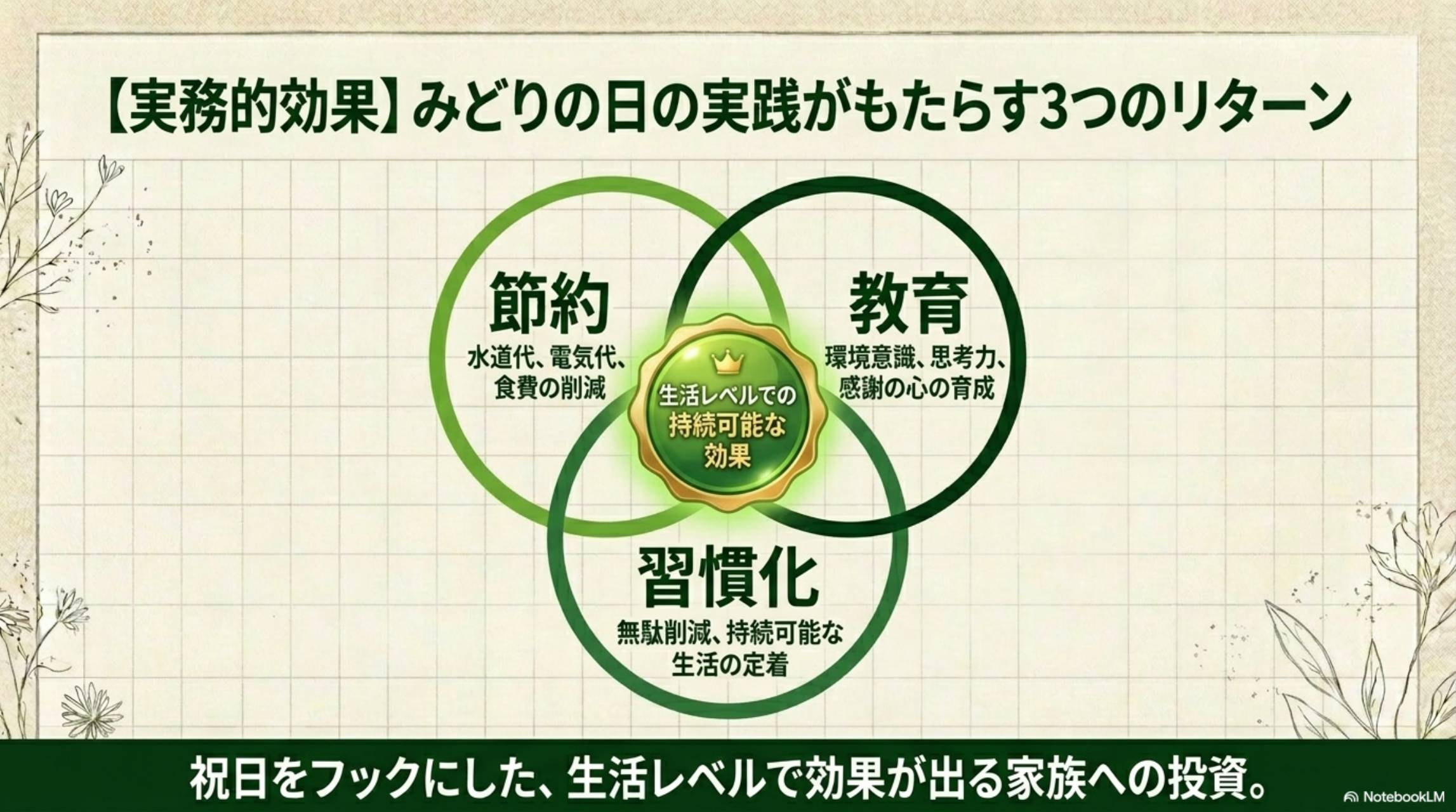【実務的効果】みどりの日の実践がもたらす3つのリターン。節約（水道代、電気代、食費の削減）＋教育（環境意識、思考力、感謝の心の育成）＋習慣化（無駄削減、持続可能な生活の定着）＝生活レベルでの持続可能な効果。祝日をフックにした、生活レベルで効果が出る家族への投資。