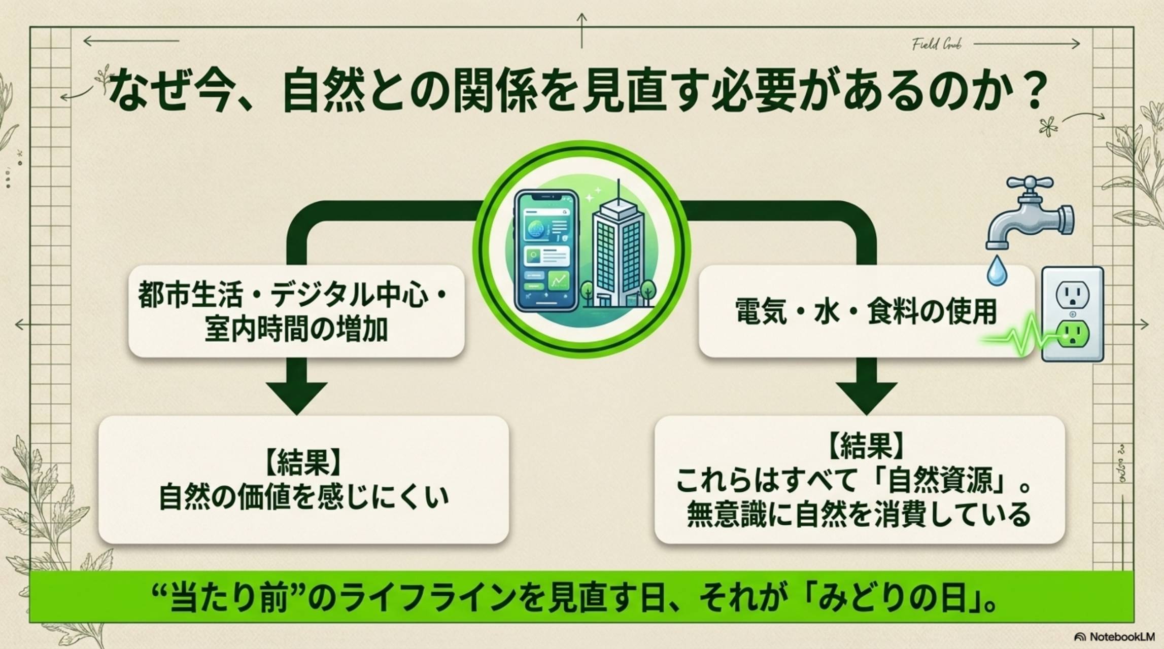 なぜ今、自然との関係を見直す必要があるのか？都市生活・デジタル中心・室内時間の増加→【結果】自然の価値を感じにくい。電気・水・食料の使用→【結果】これらはすべて「自然資源」。無意識に自然を消費している。「当たり前」のライフラインを見直す日、それが「みどりの日」。