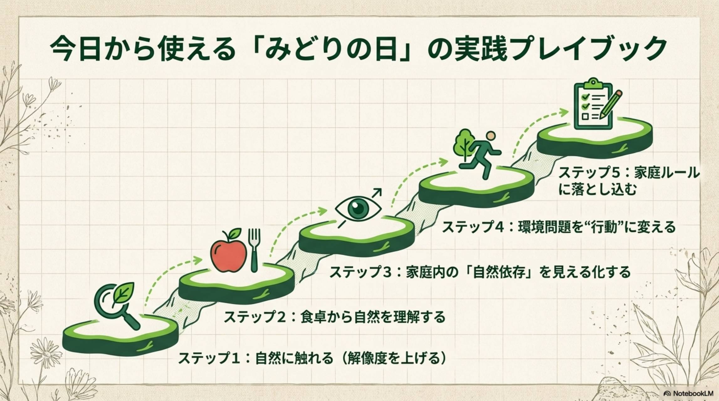 今日から使える「みどりの日」の実践プレイブック。ステップ1：自然に触れる（解像度を上げる）→ステップ2：食卓から自然を理解する→ステップ3：家庭内の「自然依存」を見える化する→ステップ4：環境問題を「行動」に変える→ステップ5：家庭ルールに落とし込む