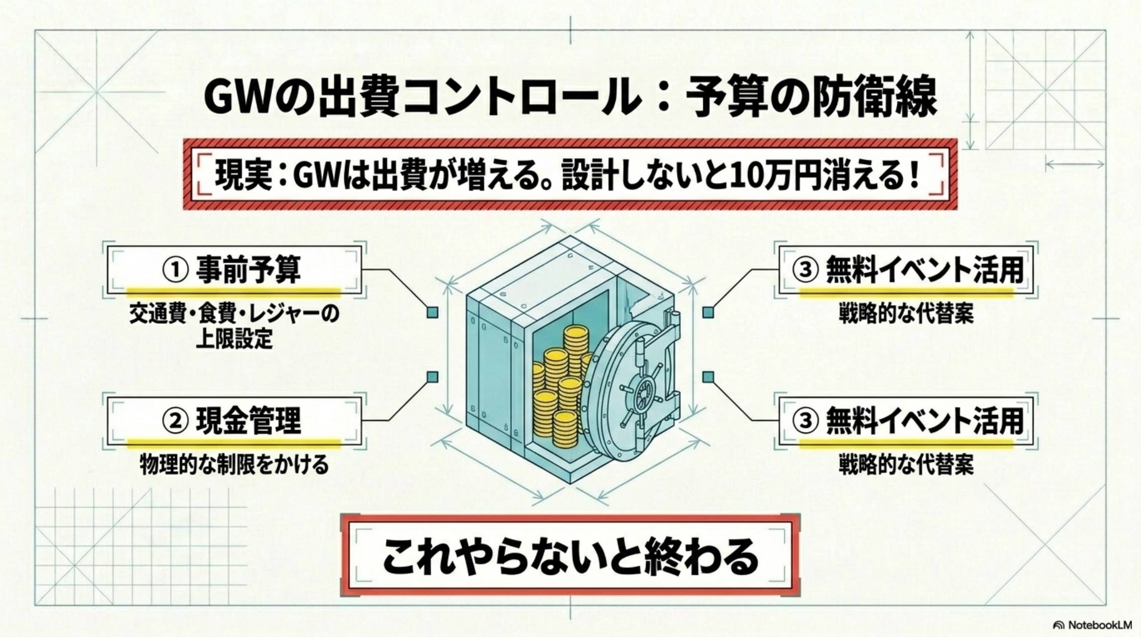 GWの出費コントロール：予算の防衛線。現実：GWは出費が増える。設計しないと10万円消える！①事前予算：交通費・食費・レジャーの上限設定。②現金管理：物理的な制限をかける。③無料イベント活用：戦略的な代替案。これやらないと終わる。