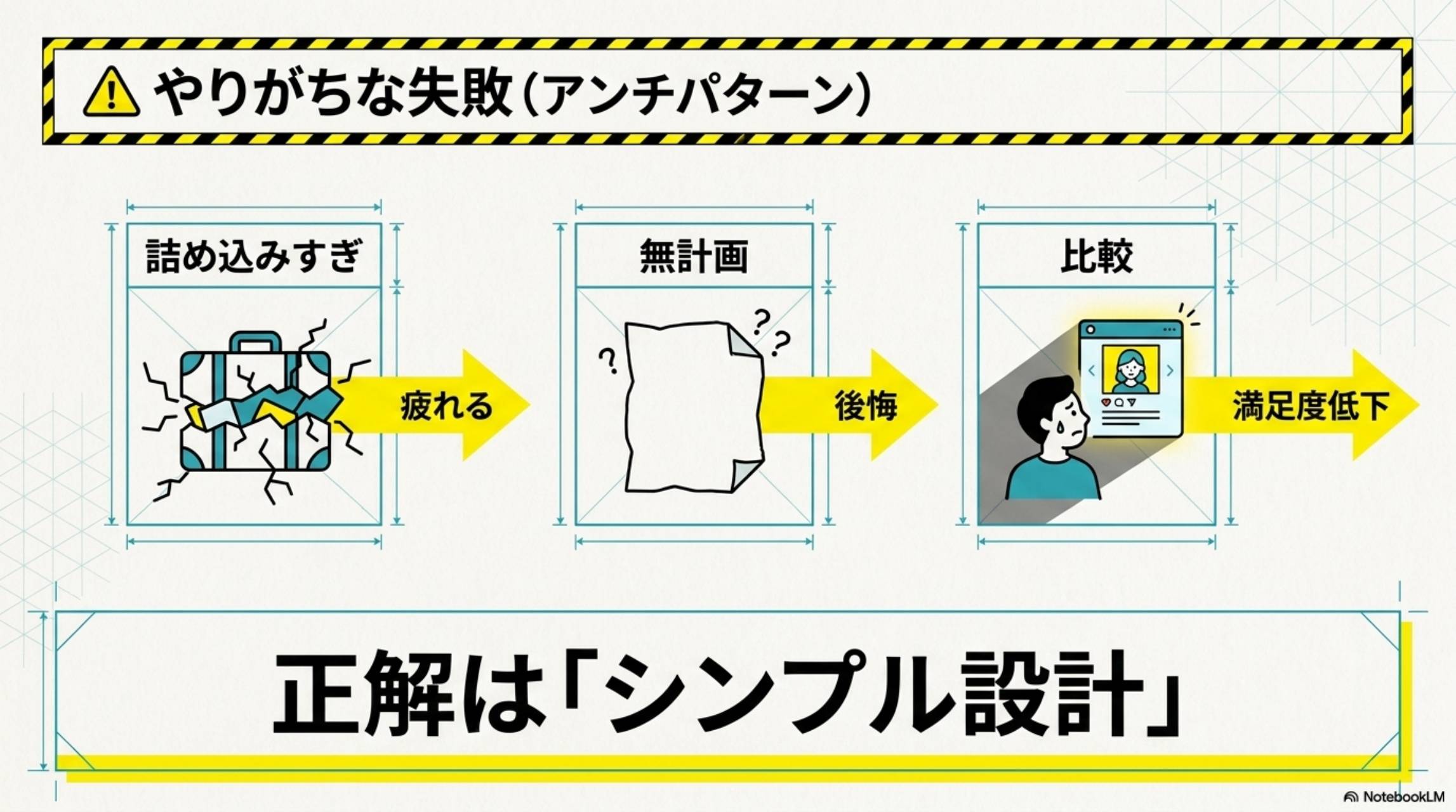 やりがちな失敗（アンチパターン）。詰め込みすぎ→疲れる。無計画→後悔。比較→満足度低下。正解は「シンプル設計」。