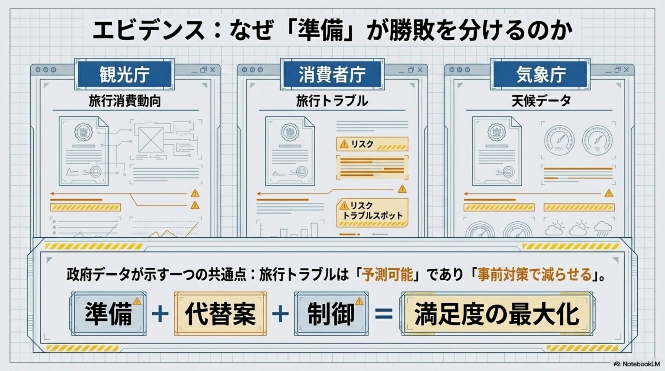 エビデンス：なぜ準備が勝敗を分けるのか。観光庁・消費者庁・気象庁の3データの共通点：旅行トラブルは予測可能であり事前対策で減らせる。準備＋代替案＋制御＝満足度の最大化