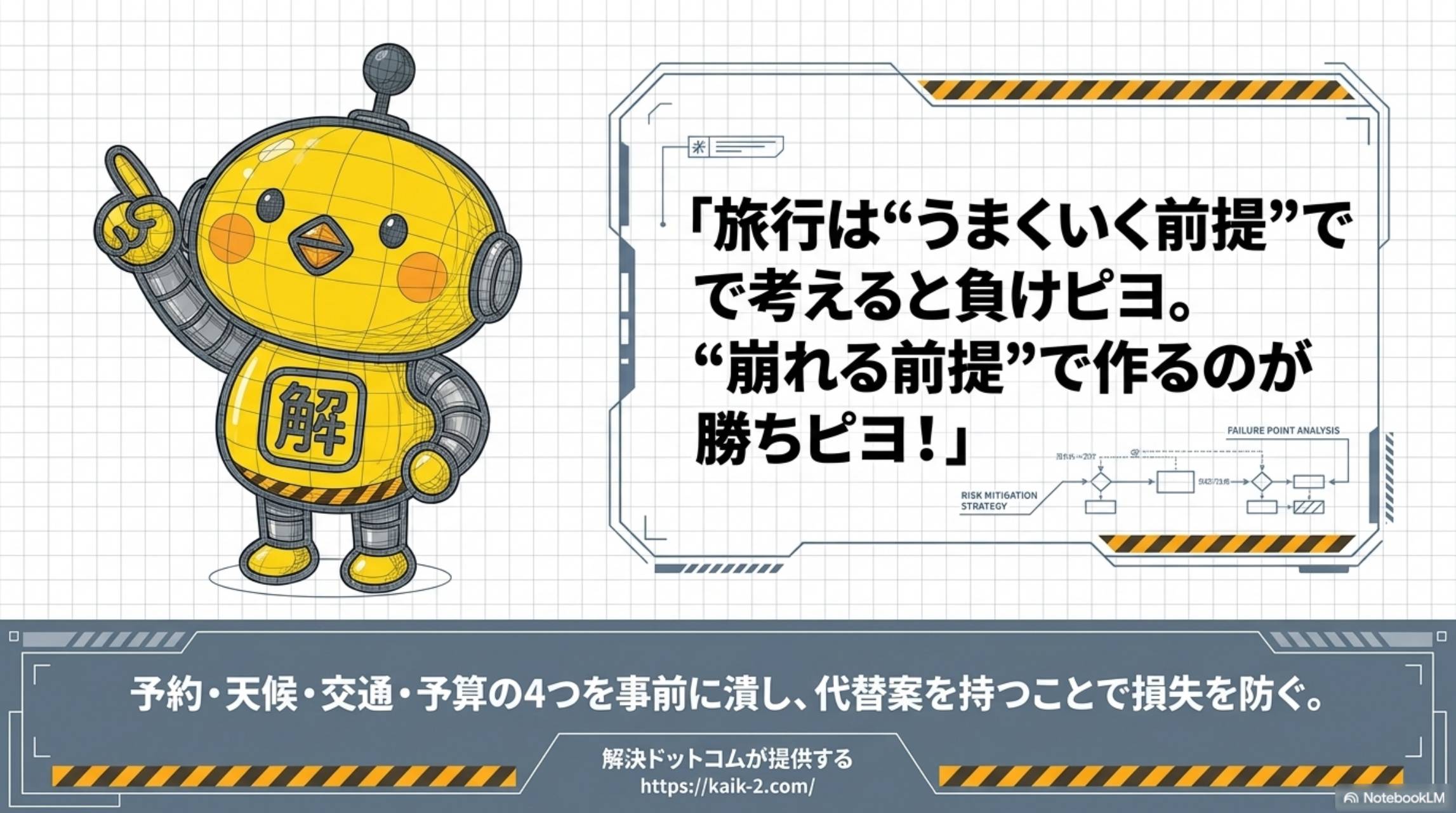 カイピヨくん：旅行はうまくいく前提で考えると負けピヨ。崩れる前提で作るのが勝ちピヨ！予約・天候・交通・予算の4つを事前に潰し、代替案を持つことで損失を防ぐ。解決ドットコムが提供する