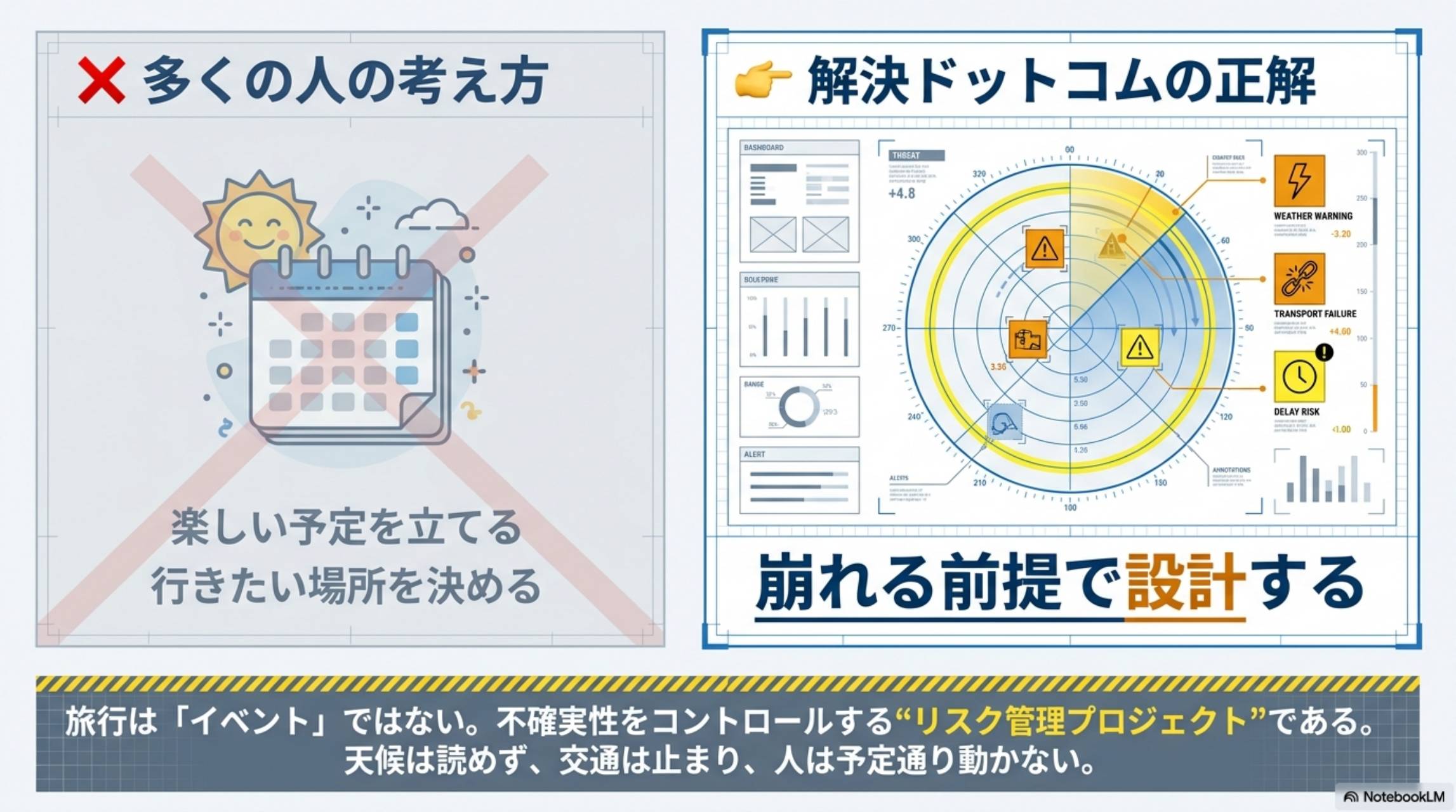 多くの人の考え方（楽しい予定を立てる・行きたい場所を決める）vs解決ドットコムの正解（崩れる前提で設計する）。旅行はイベントではない。不確実性をコントロールするリスク管理プロジェクトである。天候は読めず、交通は止まり、人は予定通り動かない
