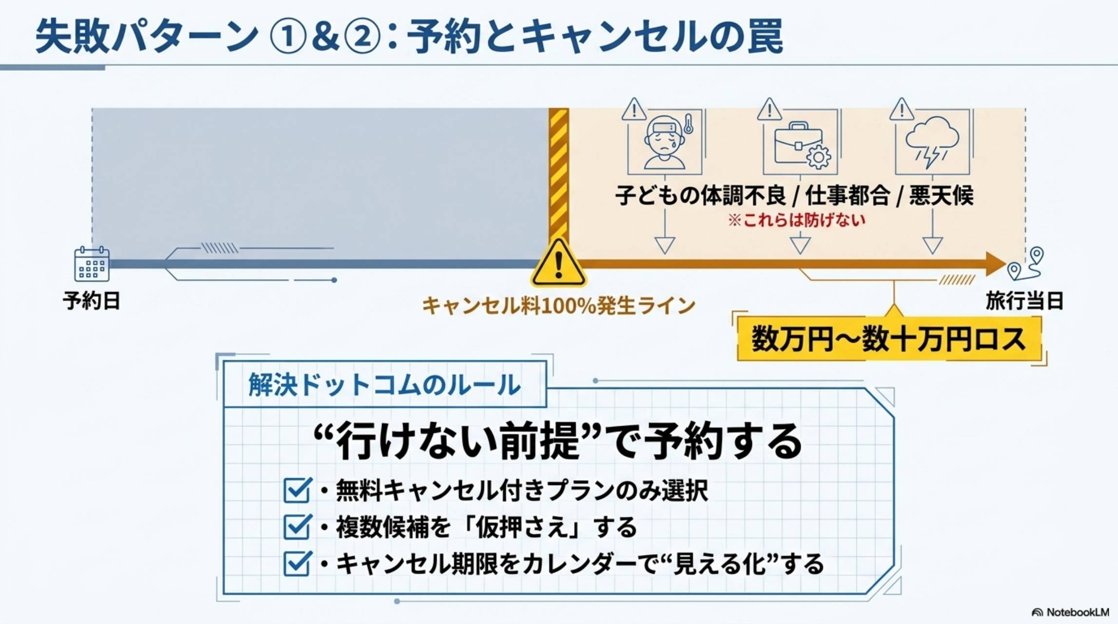 失敗パターン①②：予約とキャンセルの罠。予約日から旅行当日まで、子どもの体調不良・仕事都合・悪天候が発生すると数万円〜数十万円ロス。解決ドットコムのルール：行けない前提で予約する。無料キャンセル付きプランのみ選択・複数候補を仮押さえ・キャンセル期限をカレンダーで見える化
