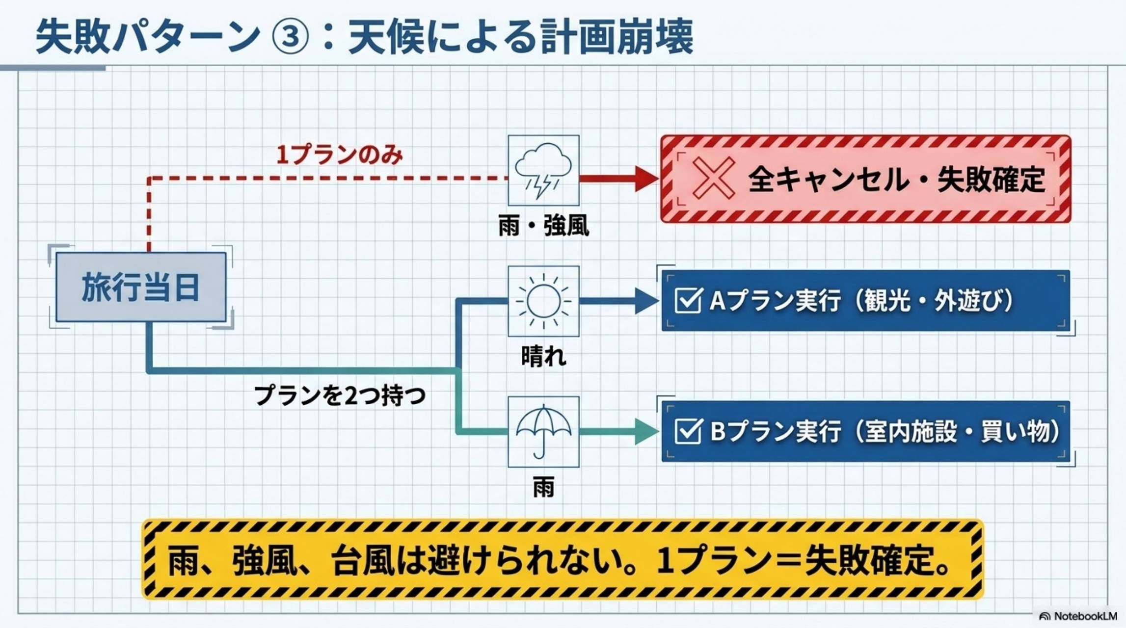 失敗パターン③：天候による計画崩壊。1プランのみ→雨・強風→全キャンセル・失敗確定。プランを2つ持つ→晴れ→Aプラン実行（観光・外遊び）、雨→Bプラン実行（室内施設・買い物）。雨、強風、台風は避けられない。1プラン＝失敗確定