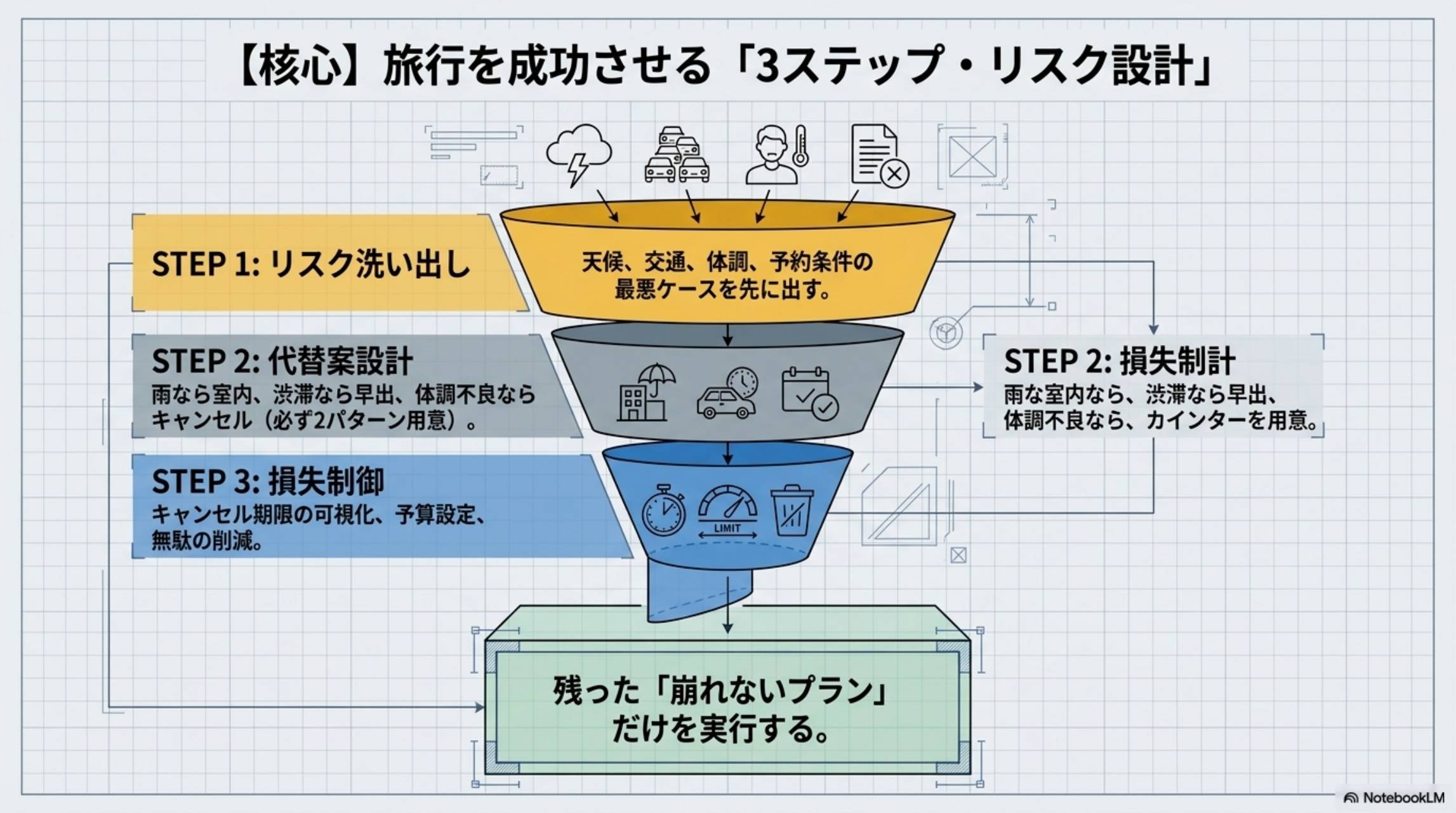 核心：旅行を成功させる3ステップ・リスク設計。STEP1リスク洗い出し：天候・交通・体調・予約条件の最悪ケースを先に出す。STEP2代替案設計：雨なら室内・渋滞なら早出・体調不良ならキャンセル（必ず2パターン用意）。STEP3損失制御：キャンセル期限の可視化・予算設定・無駄の削減。残った崩れないプランだけを実行する