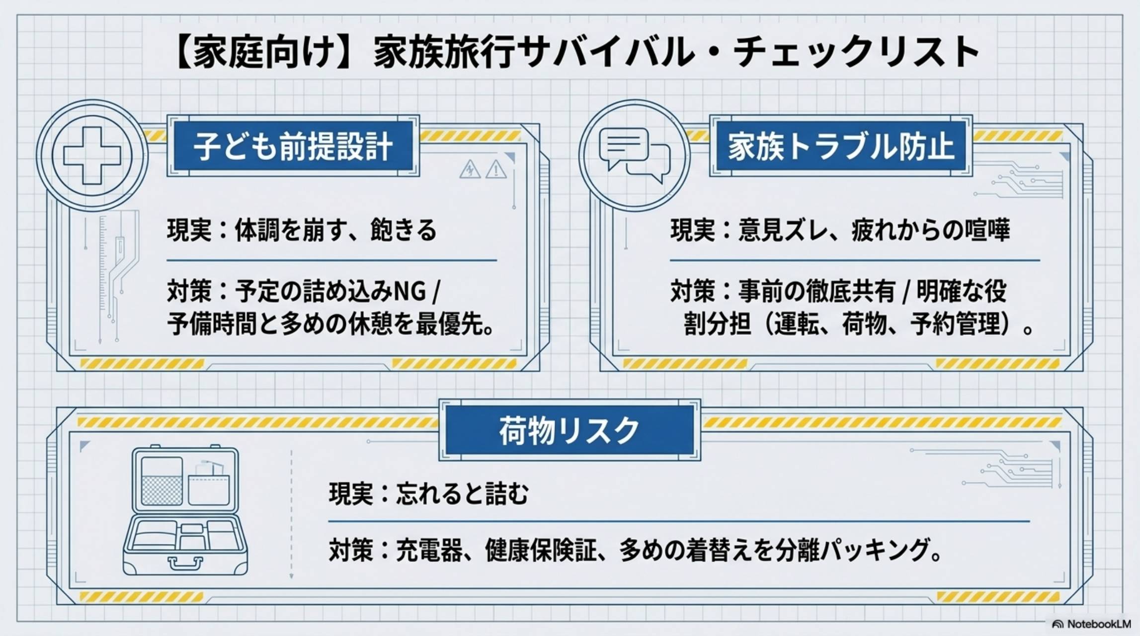 家庭向け：家族旅行サバイバル・チェックリスト。子ども前提設計（現実：体調を崩す・飽きる。対策：予定の詰め込みNG・予備時間と多めの休憩を最優先）。家族トラブル防止（現実：意見ズレ・疲れからの喧嘩。対策：事前の徹底共有・明確な役割分担）。荷物リスク（現実：忘れると詰む。対策：充電器・健康保険証・多めの着替えを分離パッキング）