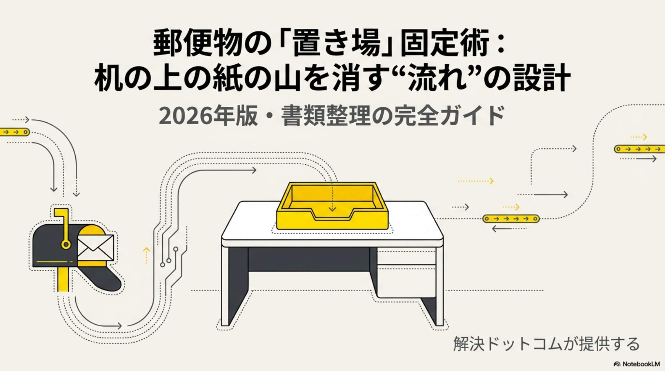 新生活で散らかりやすい郵便物の置き場固定術。ポスト→机直置きをやめるだけで紙の山は消える。書類整理の流れ設計完全ガイド2026年版。解決ドットコム提供