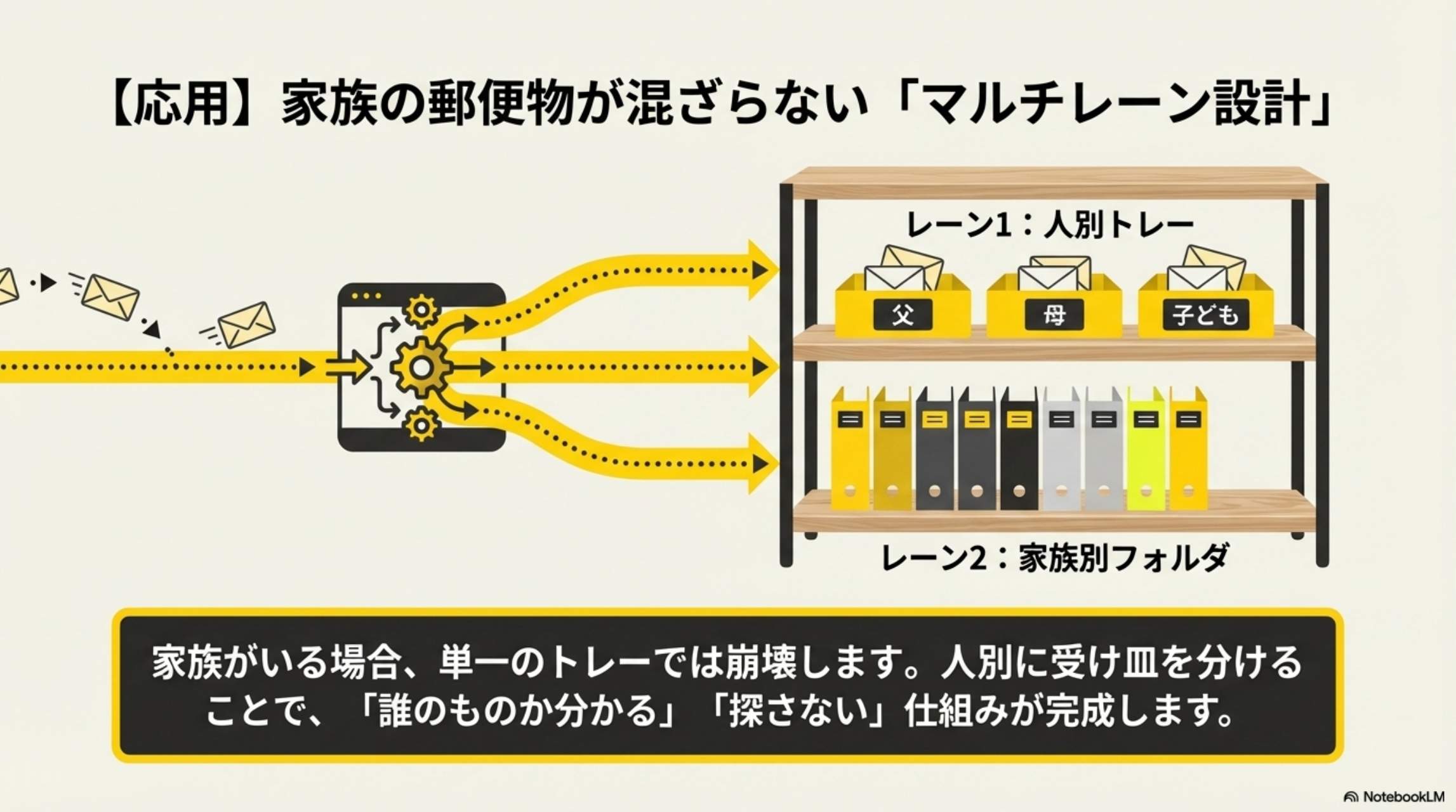 家族がいる場合の仕組み。人別トレー・家族別フォルダ。効果：誰のものか分かる・探さない。NGパターン（崩壊する）：机に直置き・とりあえず箱・後回し・分類しない。共通点：判断を先送りしている