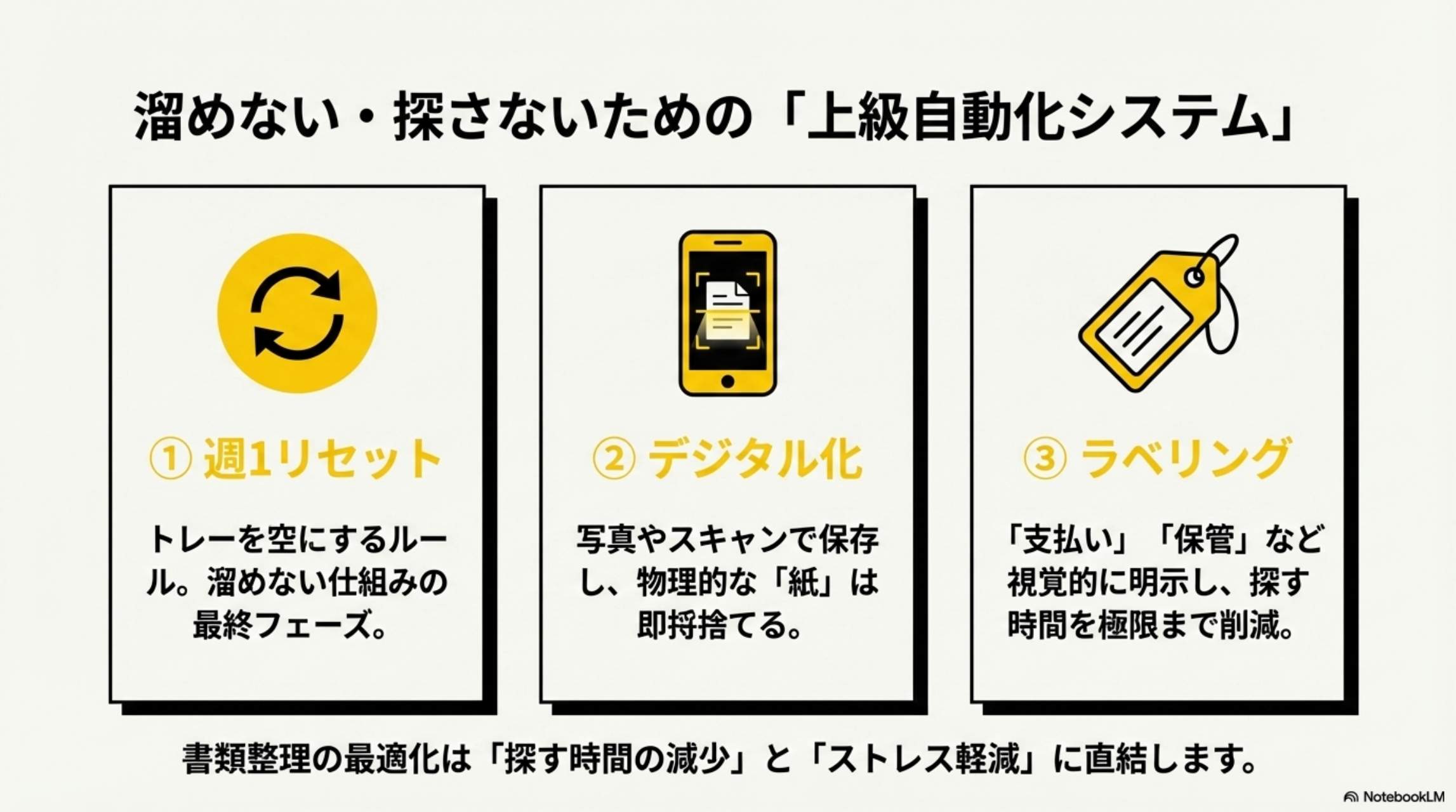 上級の仕組み化3技術。①週1リセット：トレーを空にする→溜めない仕組み。②デジタル化：写真で保存して紙は捨てる→紙を減らす。③ラベリング：支払い・保管のラベルを貼る→探す時間削減。エビデンス：書類整理で探す時間が減る・ストレス軽減