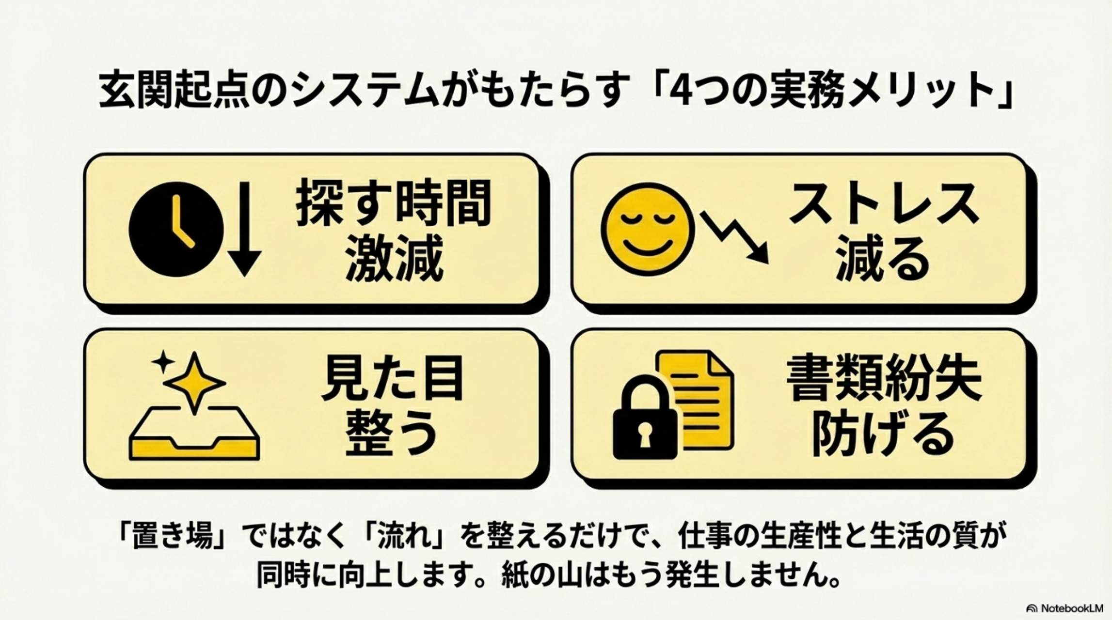今日やること（即実践）。①玄関にトレーを置く②ゴミ箱設置③玄関で開封ルール化④机に持ち込む条件決める。実務メリット：探す時間激減・ストレス減る・見た目整う・書類紛失防げる