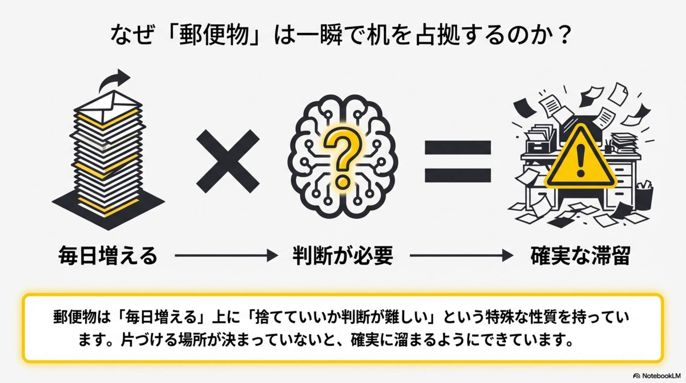 郵便物が散らかる3つの構造的理由。①毎日のように増える②捨てていいか判断が難しく先延ばしになる③片付ける場所が決まっていない。意思の問題じゃない、構造の問題