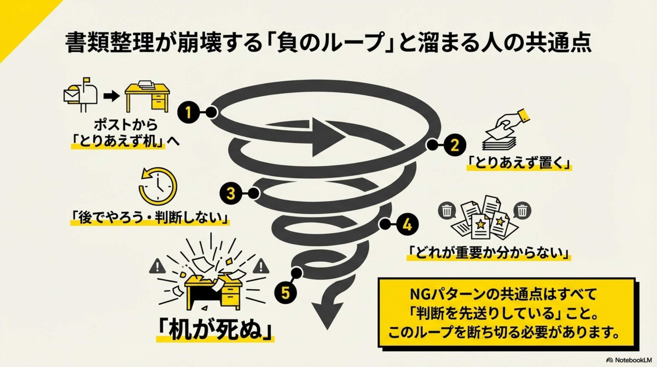 最強ルール：ポスト→玄関→分類→保管or捨てる。机に行く前に処理する。この流れを作るだけで紙の山は発生しなくなる。4ステップ概要：STEP1玄関に受け皿を作る、STEP2三分類ルールを作る、STEP3玄関で開封をルール化、STEP4机への持ち込み条件を決める
