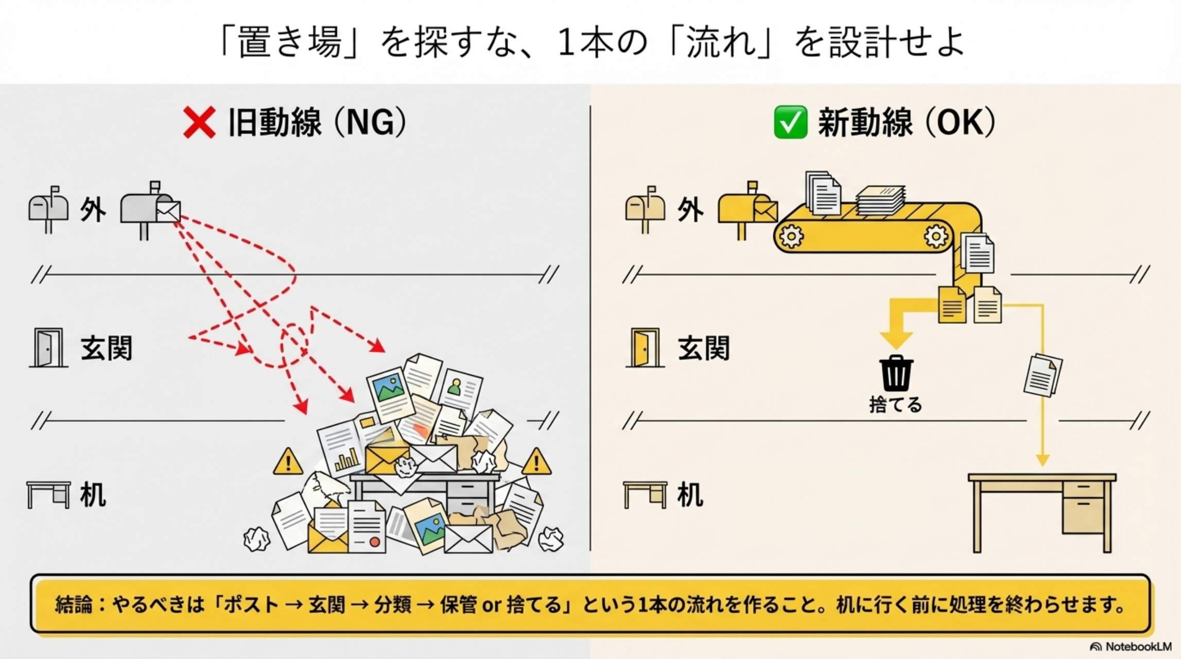 STEP1：玄関に受け皿を作る。最低構成：トレーorカゴ・ゴミ箱（重要）・ペンorハサミ。ポイント：とりあえず置いていい場所を玄関に作る。動線上に置くことで管理が継続しやすい