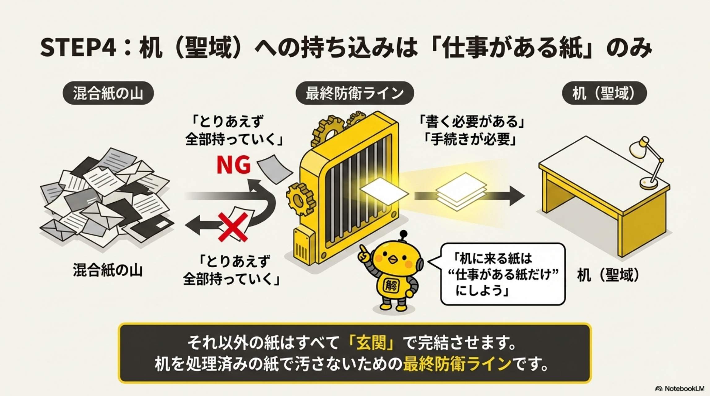 溜まる人の共通点3パターン。①後でやろう（100%溜まる）②判断しない（紙は情報だから捨てにくい）③置き場がない（これが最大原因）。共通点：全部、判断を先送りしている