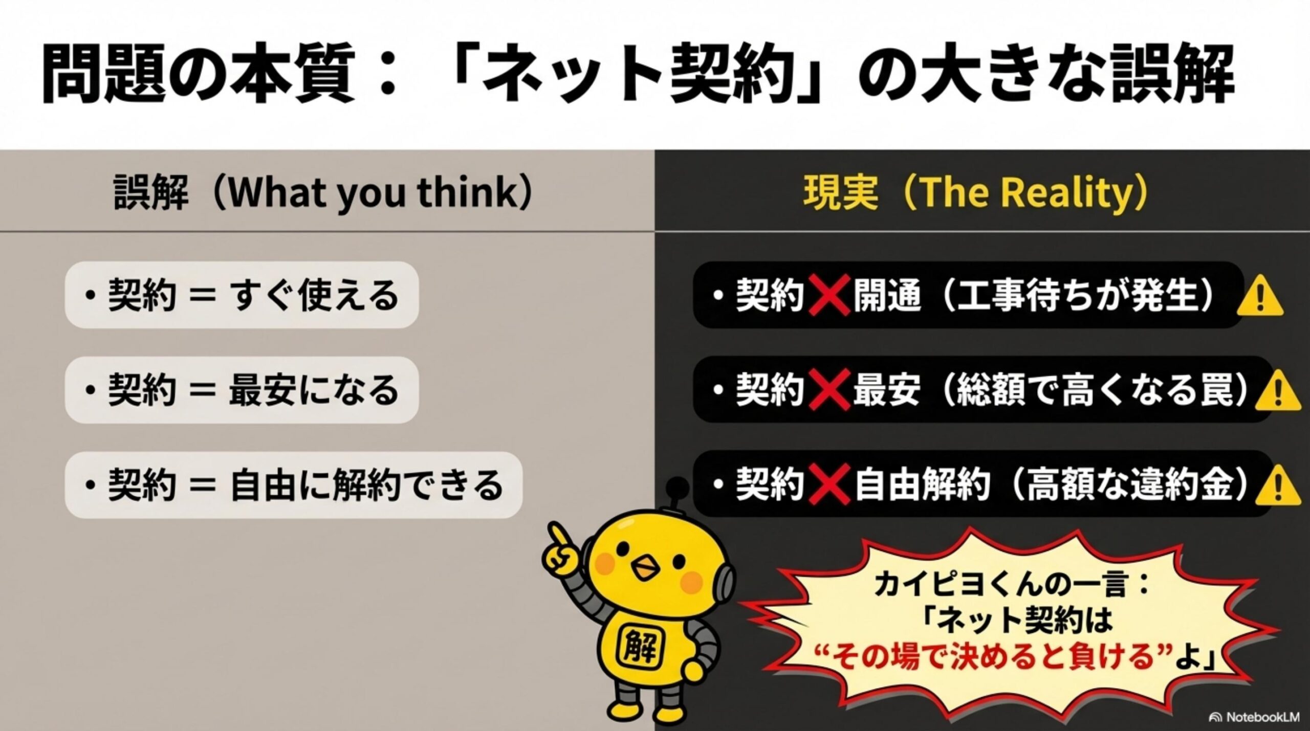問題の本質：ネット契約の大きな誤解。誤解：契約=すぐ使える・最安・自由解約。現実：工事待ち・総額で高い・高額違約金。カイピヨくん：ネット契約はその場で決めると負けるよ