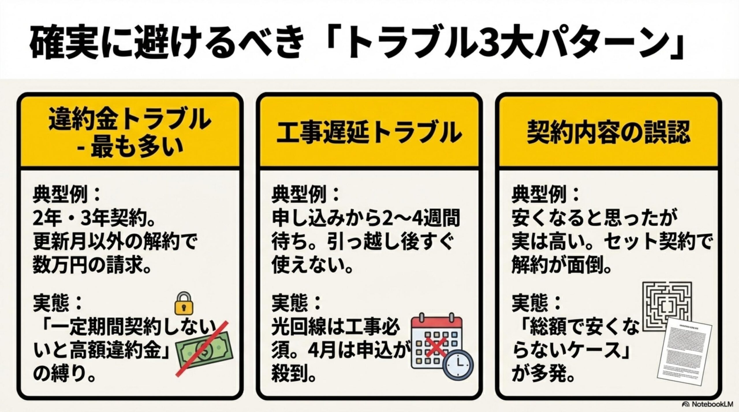確実に避けるべきトラブル3大パターン：①違約金トラブル（最も多い）②工事遅延トラブル③契約内容の誤認
