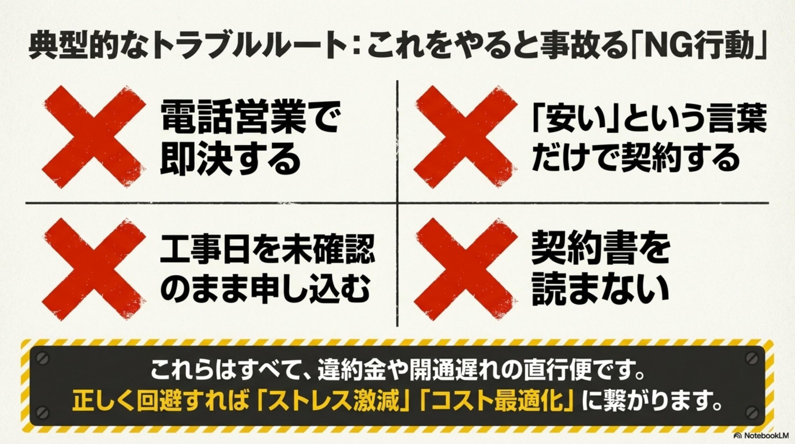 典型的なトラブルルート：NG行動4選。電話営業で即決・安いだけで契約・工事日未確認・契約書を読まない