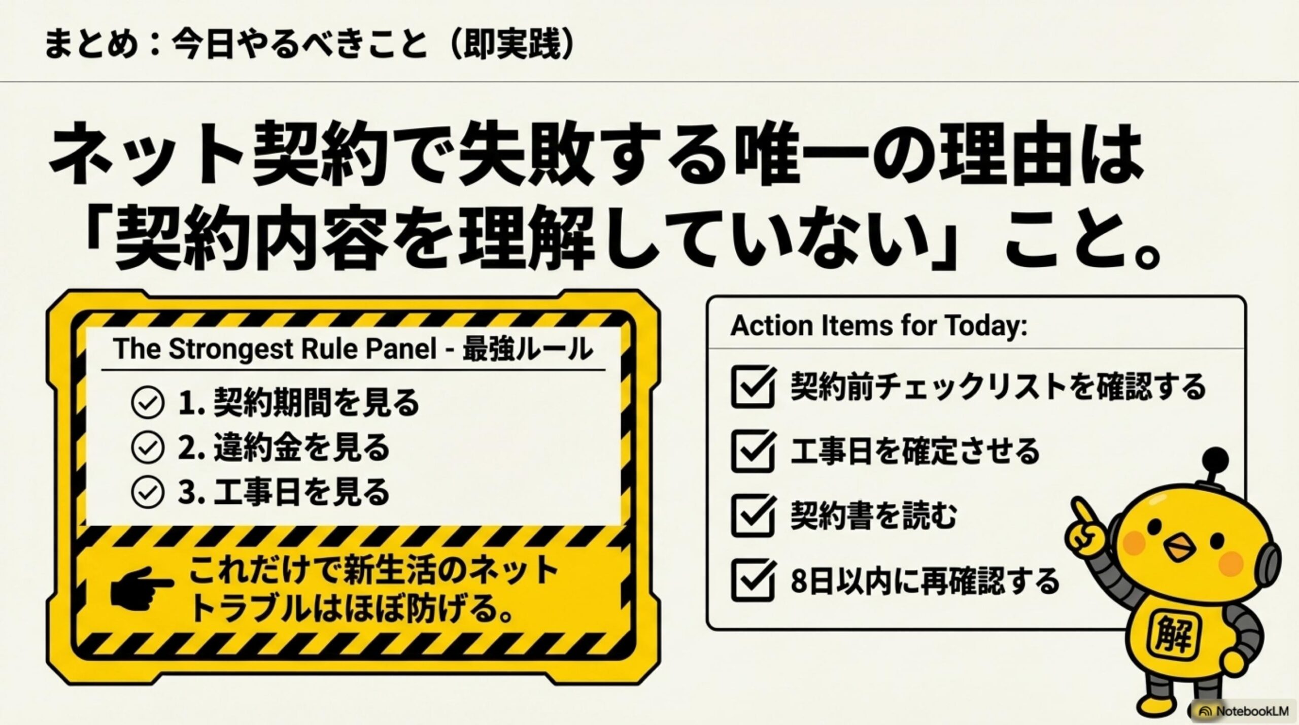 まとめ：ネット契約で失敗する唯一の理由は契約内容を理解していないこと。最強ルール3選と今日やること4項目。カイピヨくんと解決ドットコム提供