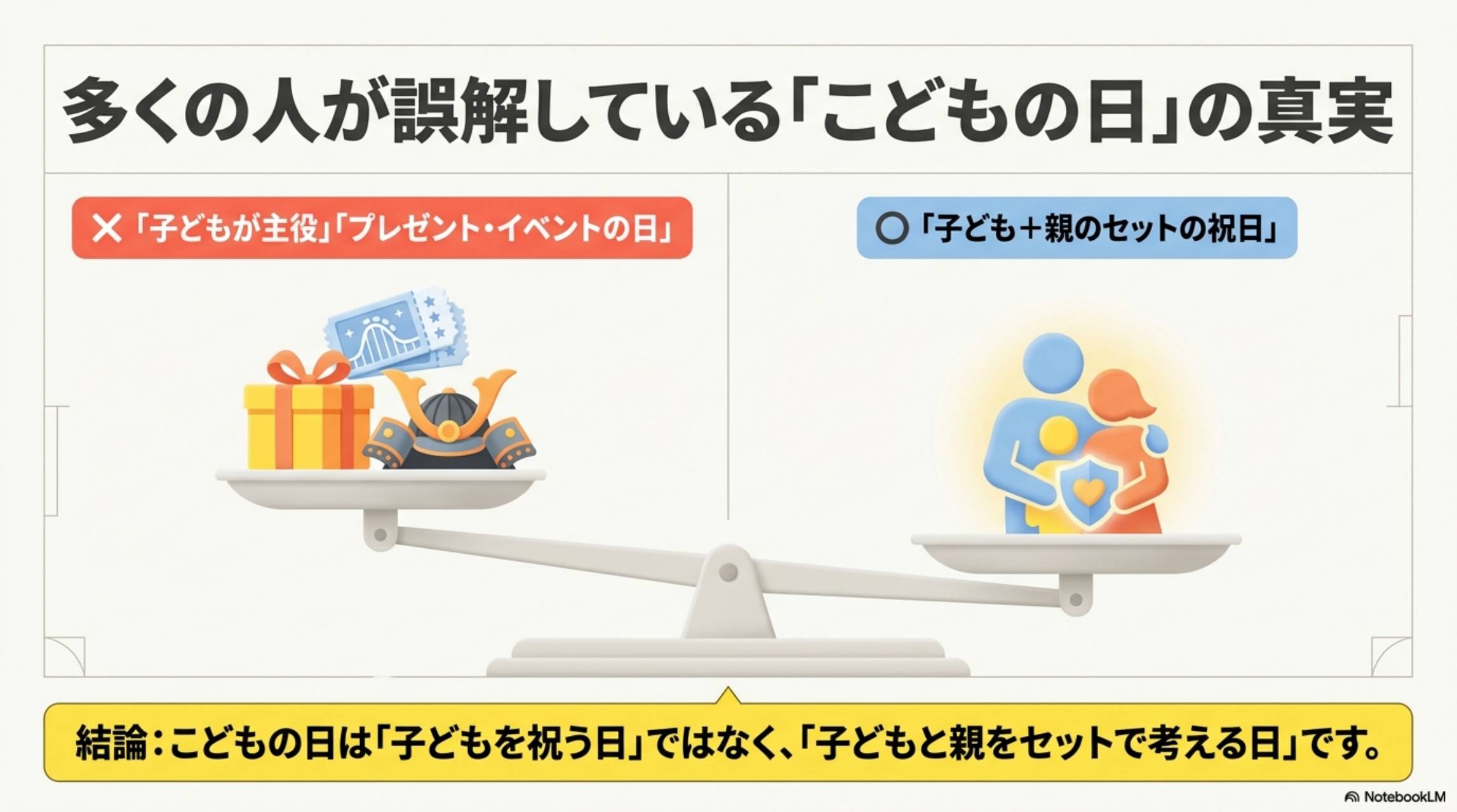 多くの人が誤解している「こどもの日」の真実。×「子どもが主役」「プレゼント・イベントの日」vs〇「子ども＋親のセットの祝日」。結論：こどもの日は「子どもを祝う日」ではなく、「子どもと親をセットで考える日」です。