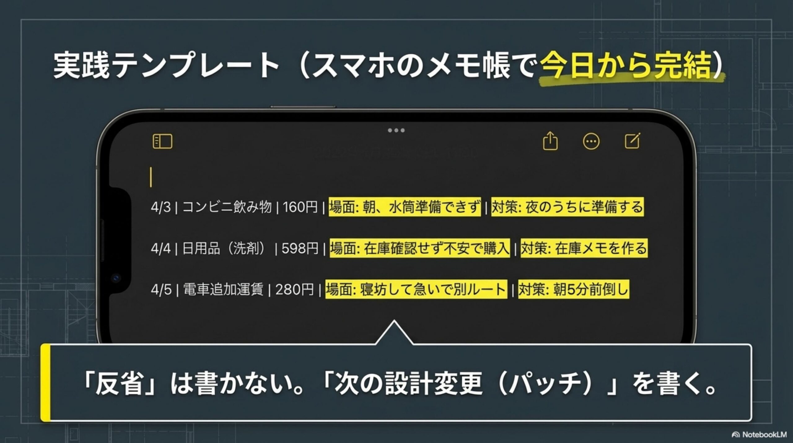 実践テンプレート｜スマホのメモ帳で今日から完結・反省ではなく次の設計変更を書く