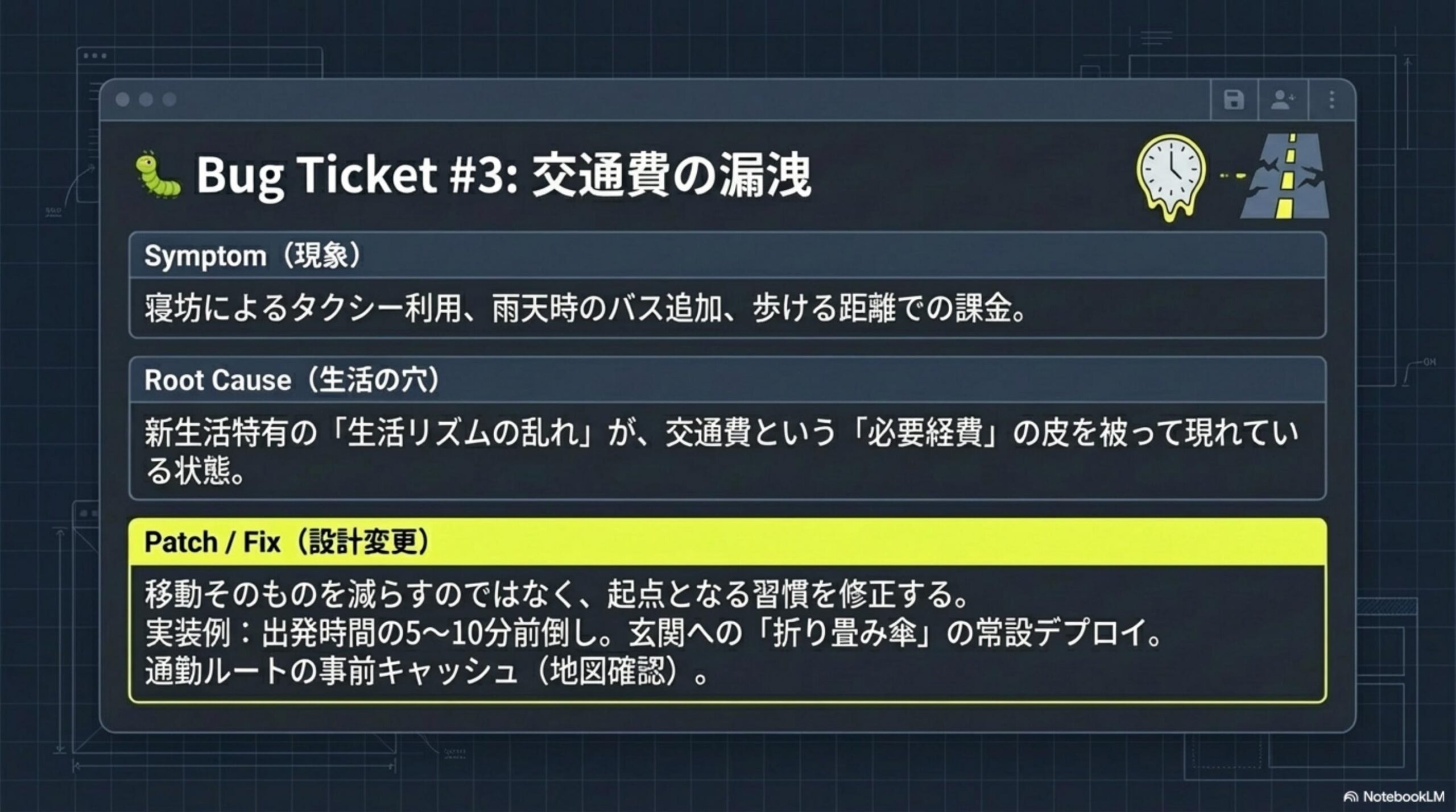 Bug Ticket #3 交通費の漏洩｜生活リズムの乱れが交通費という必要経費の皮を被って現れる