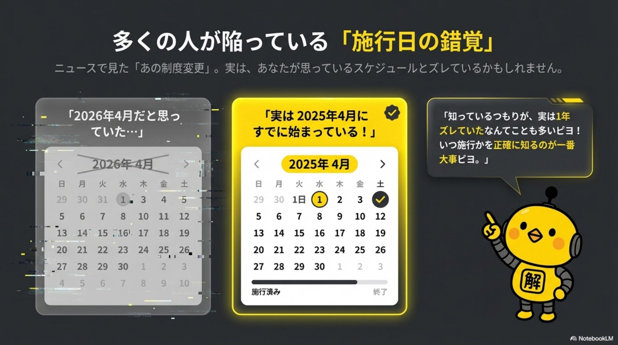 多くの人が陥っている施行日の錯覚。2026年4月だと思っていた制度が実は2025年4月にすでに始まっている！知っているつもりが実は1年ズレていたなんてことも多いピヨ！いつ施行かを正確に知るのが一番大事ピヨ