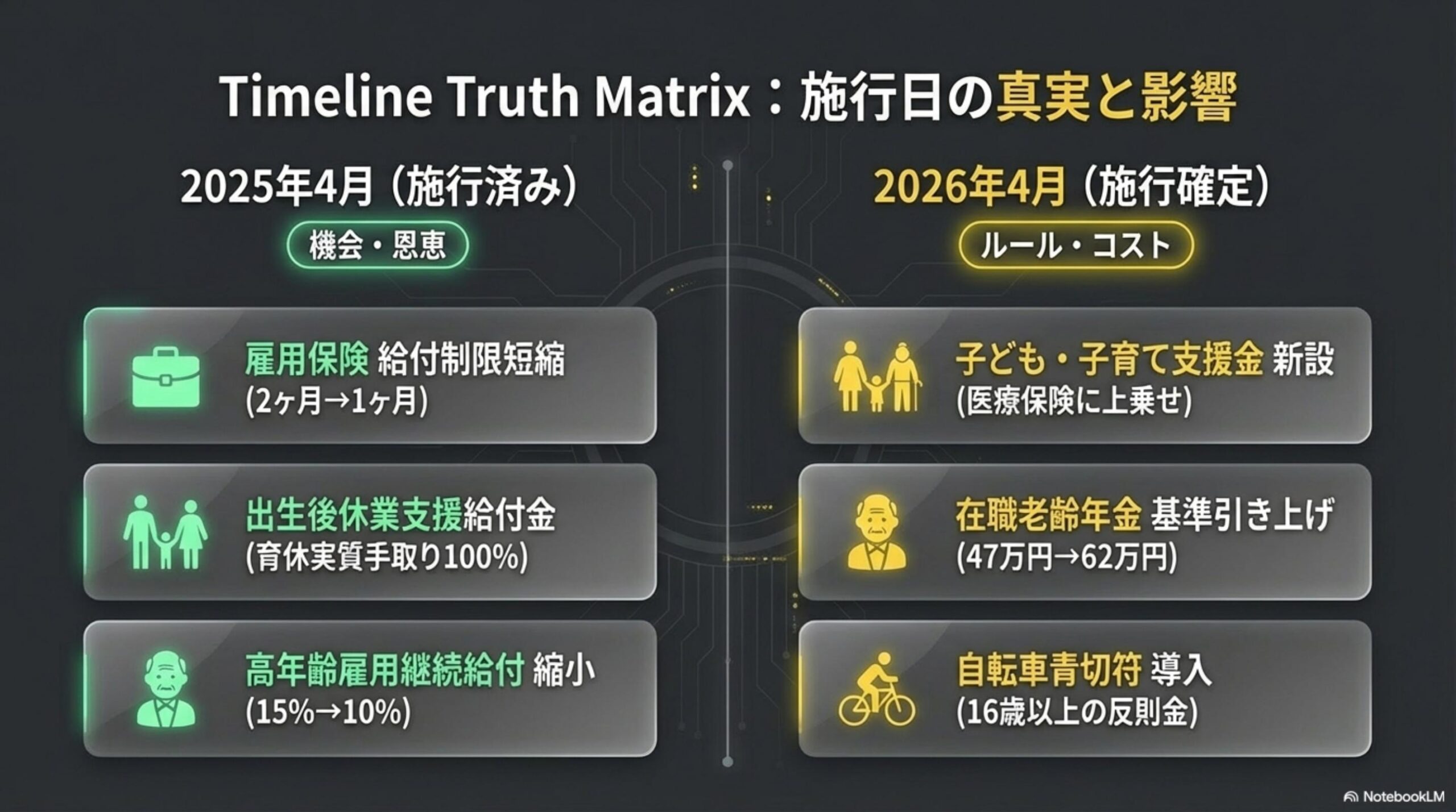 Timeline Truth Matrix：施行日の真実と影響。2025年4月施行済み（機会・恩恵）：雇用保険給付制限短縮2ヶ月→1ヶ月、出生後休業支援給付金育休実質手取り100%、高年齢雇用継続給付縮小15%→10%。2026年4月施行確定（ルール・コスト）：子ども・子育て支援金新設（医療保険に上乗せ）、在職老齢年金基準引き上げ47万円→62万円、自転車青切符導入（16歳以上の反則金）