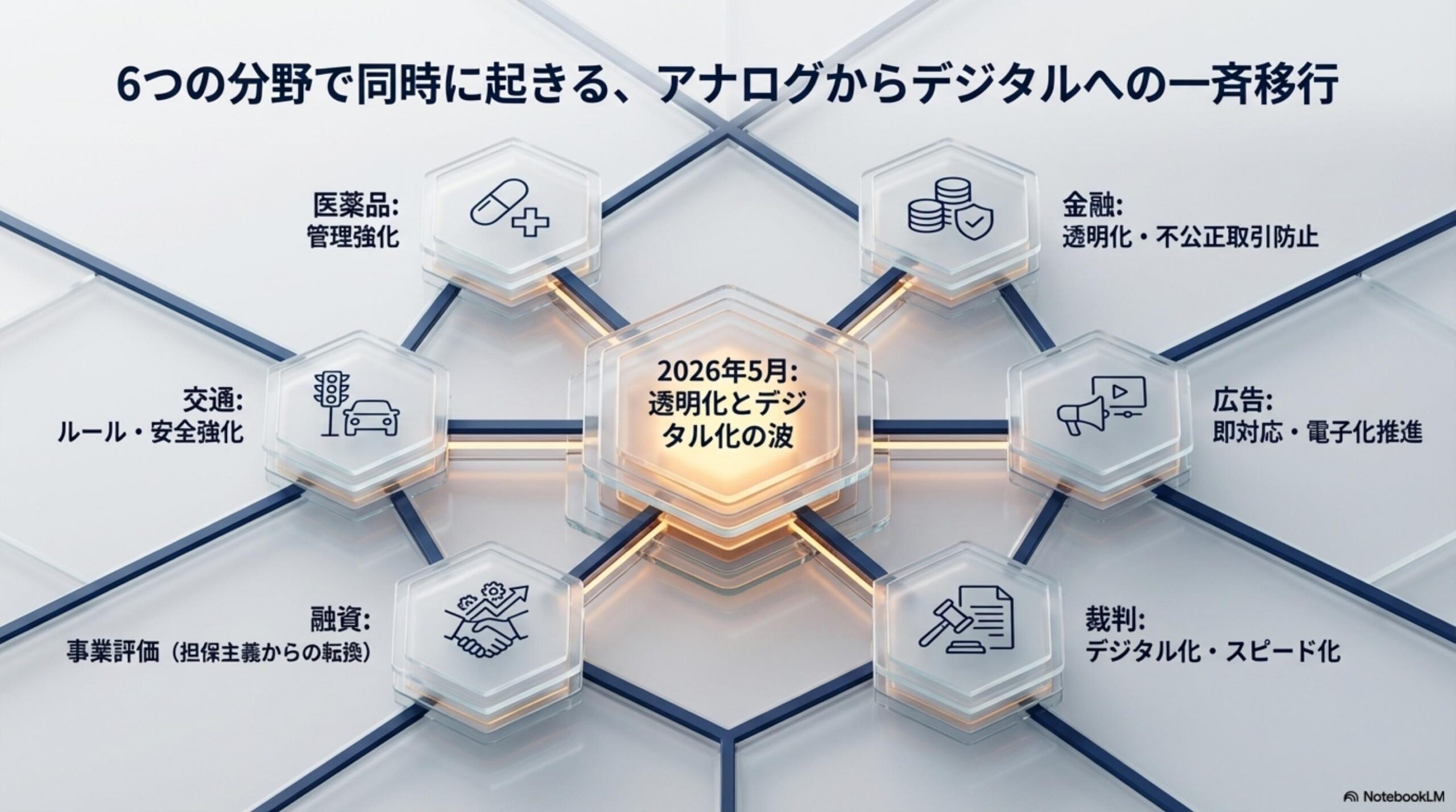 施行日マトリックス：確定と要確認の区別。2026年5月1日施行確定：薬機法改正・金融商品取引法改正。2026年5月頃（施行日要公式確認）：景品表示法電子化・民事訴訟IT化・事業性融資推進法。整備中（詳細未確定）：道路交通の1.5mルール。解決ドットコム作成