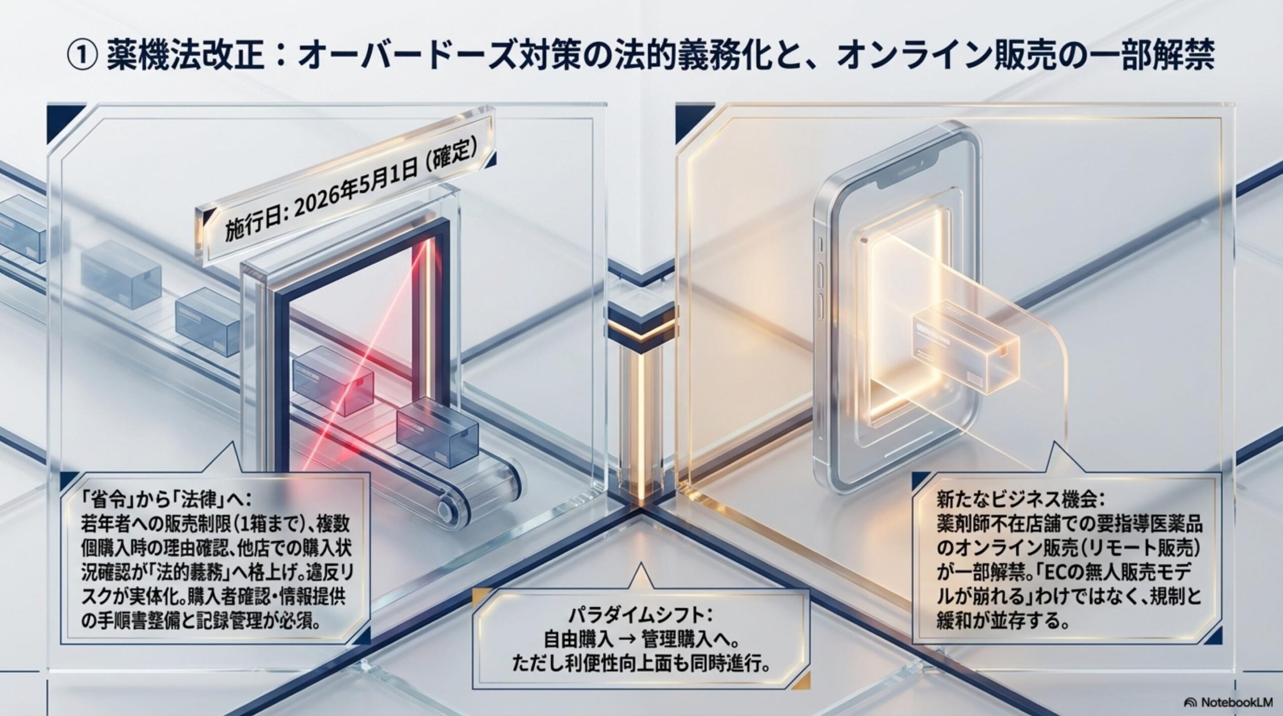 薬機法改正（2026年5月1日施行確定）。指定濫用防止医薬品の新設。購入者側：若年者（一定年齢未満）は1箱程度のみ購入可・複数個購入時は理由確認が必要・他店購入状況の確認あり。販売側（薬局・ドラッグストア）：購入者確認・情報提供が法的義務に・違反は罰則リスクあり・手順書整備・記録管理が必須。SNSでのODが社会問題化——省令から法律へ実効性が大幅に向上