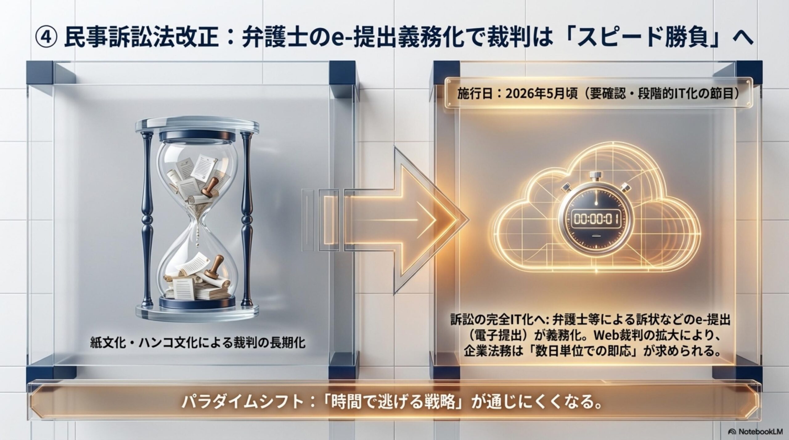 TOB規制の変化。旧ルール：1/3超（約33.3%）を超えた場合にTOB義務・市場内取引はTOB規制対象外（抜け穴）。新ルール（2026年5月1日から）：30%超でTOB義務・市場内取引もTOB規制対象に・共同保有者の範囲を明確化・大量保有報告書の様式見直し。株式市場の透明性確保とM&Aにおける不公正取引の防止が目的