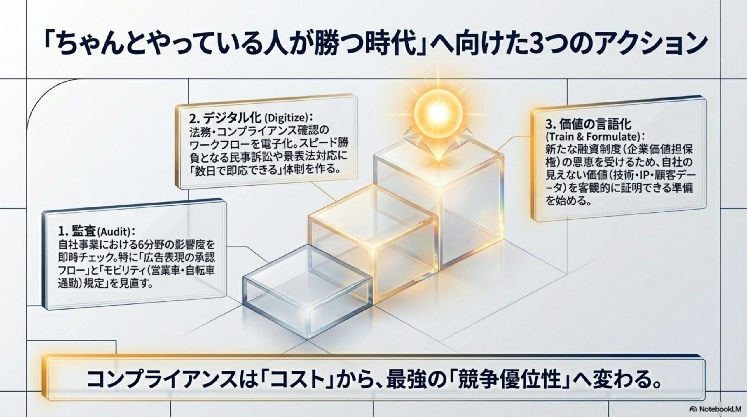 Action Checklist：2026年5月制度変更への具体行動。薬局・ドラッグストア：指定濫用防止医薬品の手順書整備・記録管理体制の構築・スタッフ教育（2026年5月1日までに必須）。投資家・法務：30%閾値を意識したM&Aスキームの再設計・共同保有の範囲確認・TOB手続きの事前確認。広告・マーケ：既存広告表現の法的根拠の点検・「No.1」「最安値」表現の文書化。スタートアップ：無形資産の文書化・特許・顧客DB・成長性指標の整理。全員：自転車の交通ルール遵守・家族への周知