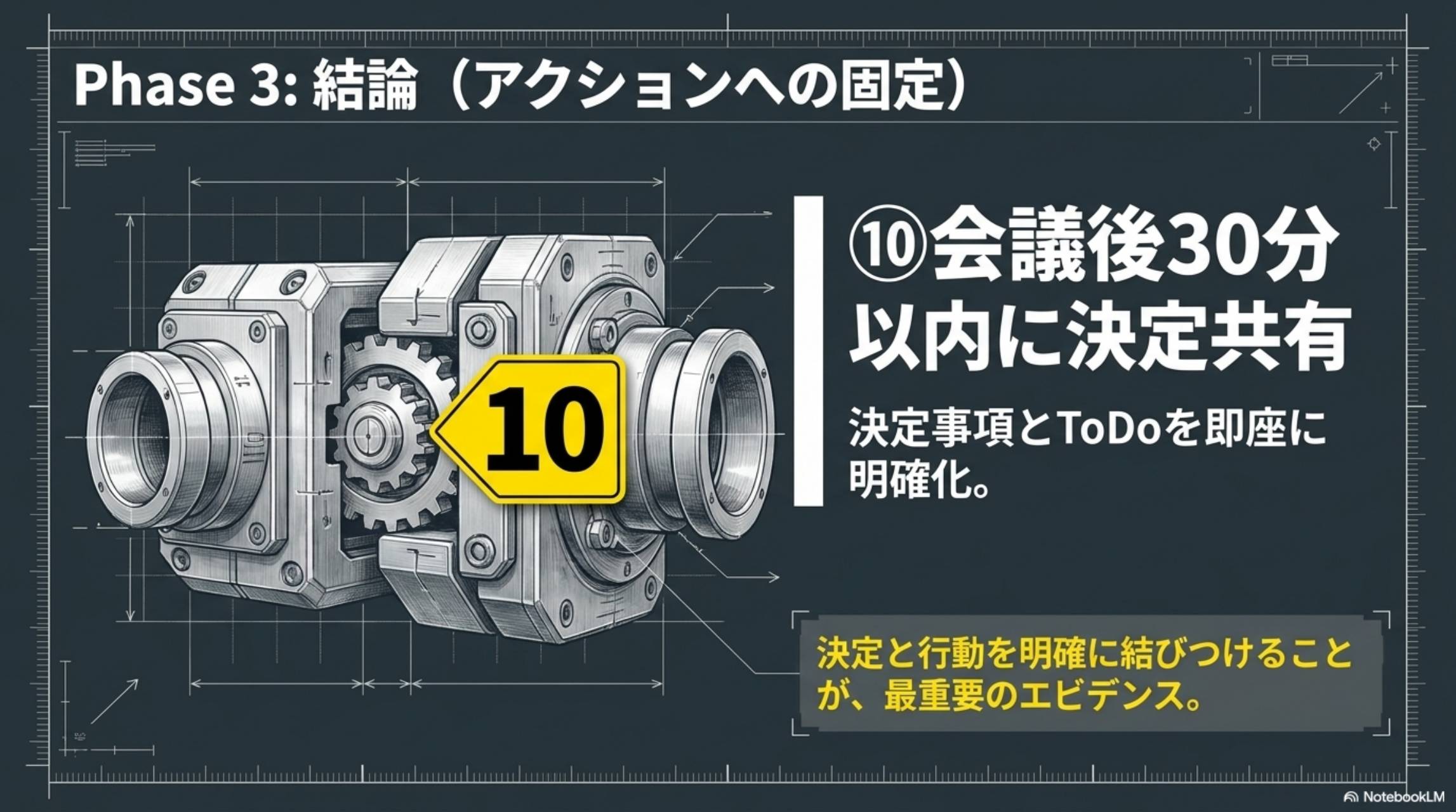 Phase3：結論（アクションへの固定）。⑩会議後30分以内に決定共有。決定事項とToDoを即座に明確化。決定と行動を明確に結びつけることが最重要のエビデンス