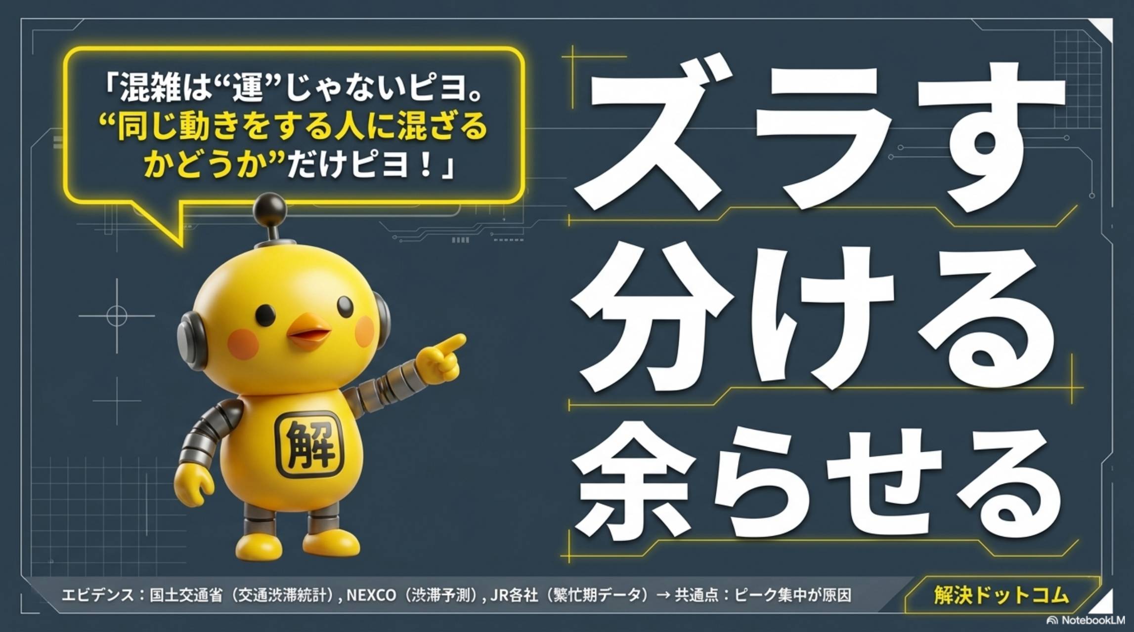カイピヨくん：混雑は運じゃないピヨ。同じ動きをする人に混ざるかどうかだけピヨ！ズラす・分ける・余らせる。エビデンス：国土交通省（交通渋滞統計）・NEXCO（渋滞予測）・JR各社（繁忙期データ）→共通点：ピーク集中が原因。解決ドットコム