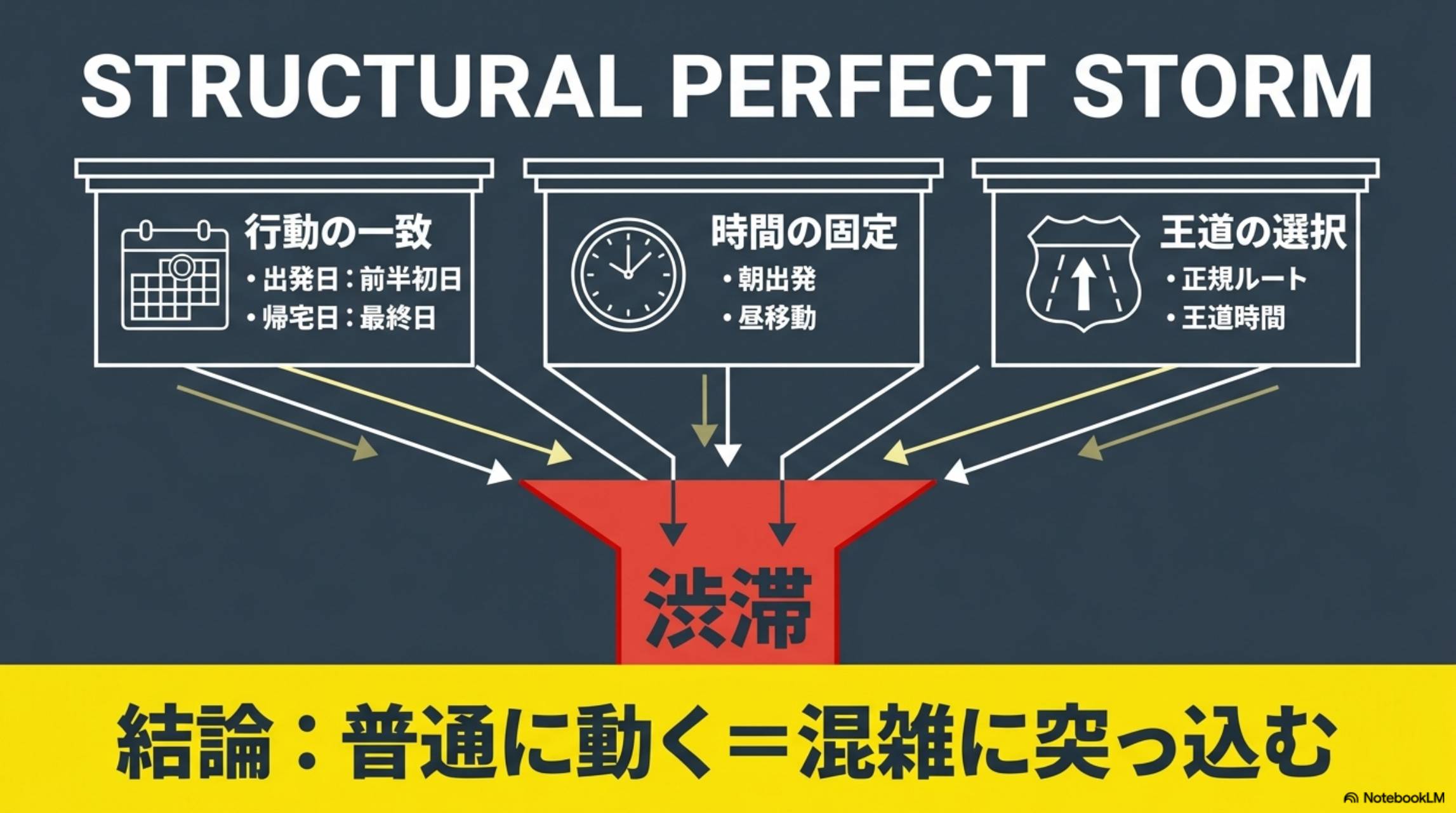 STRUCTURAL PERFECT STORM。行動の一致（出発日：前半初日・帰宅日：最終日）＋時間の固定（朝出発・昼移動）＋王道の選択（正規ルート・王道時間）→渋滞。結論：普通に動く＝混雑に突っ込む