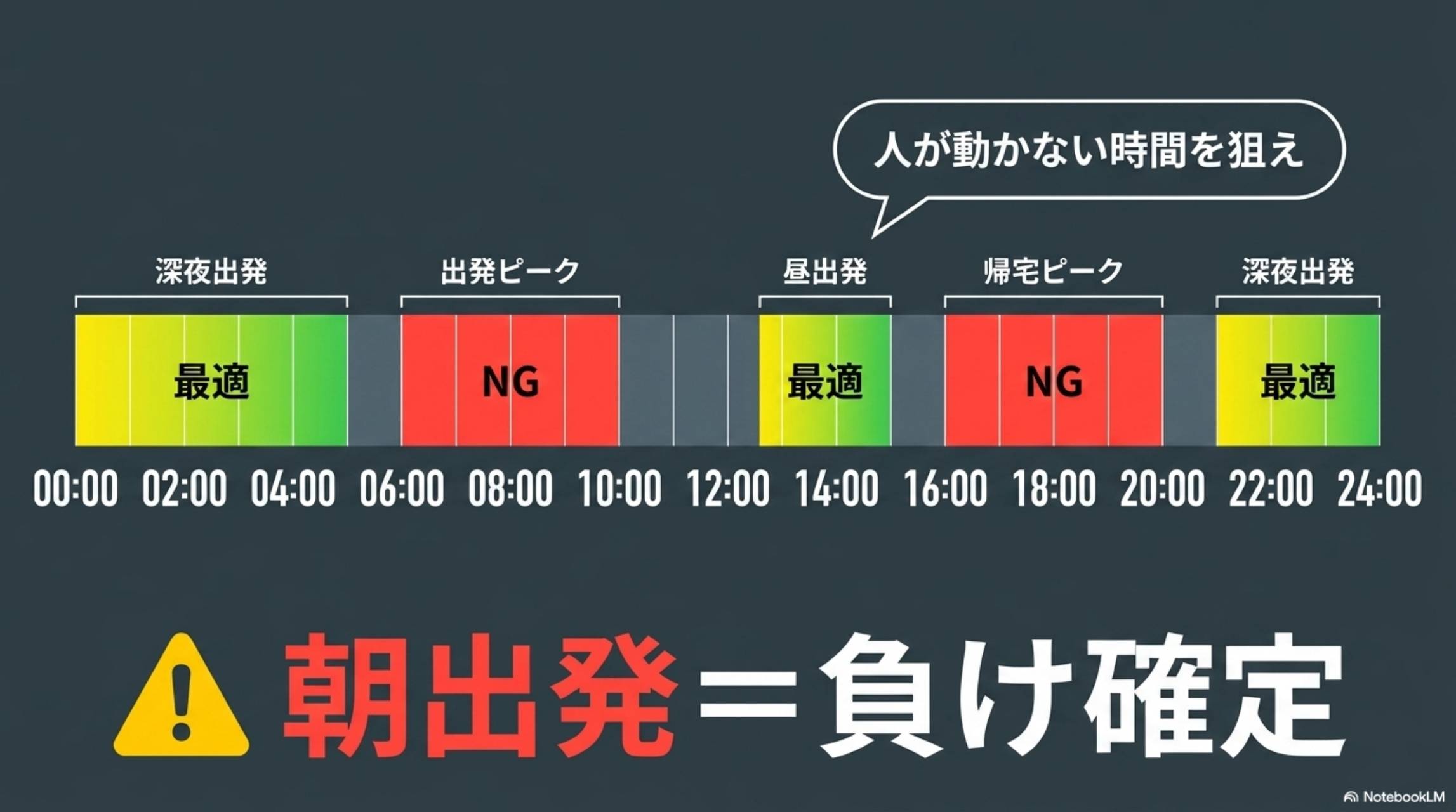 時間帯別渋滞マップ。深夜出発（最適）→出発ピーク（NG）→昼出発（最適）→帰宅ピーク（NG）→深夜出発（最適）。朝出発＝負け確定
