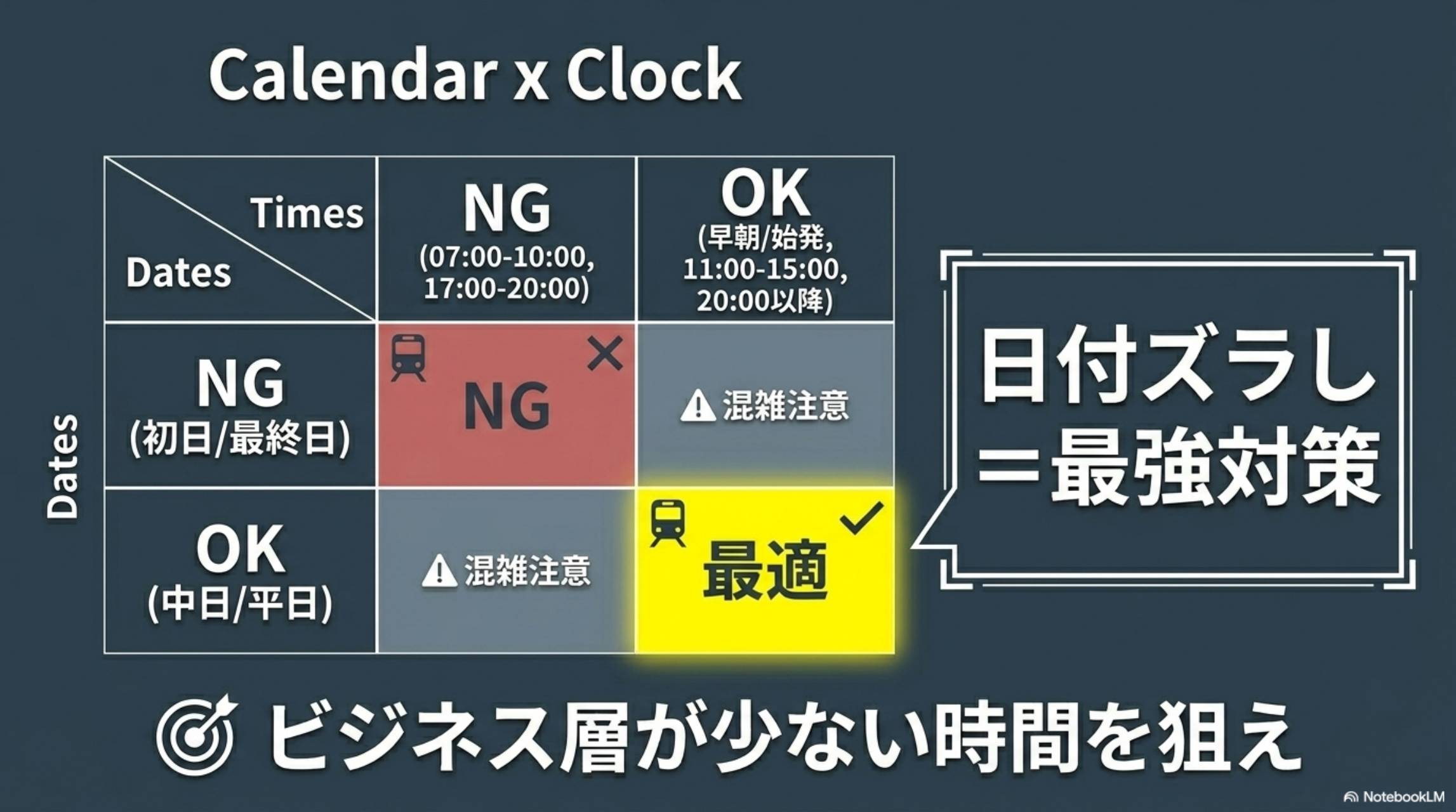 Calendar×Clock マトリクス。日付NG（初日・最終日）×時間帯NG（07〜10時・17〜20時）→最悪。日付OK（中日・平日）×時間帯OK（早朝・始発・11〜15時・20時以降）→最適。日付ズラし＝最強対策。ビジネス層が少ない時間を狙え