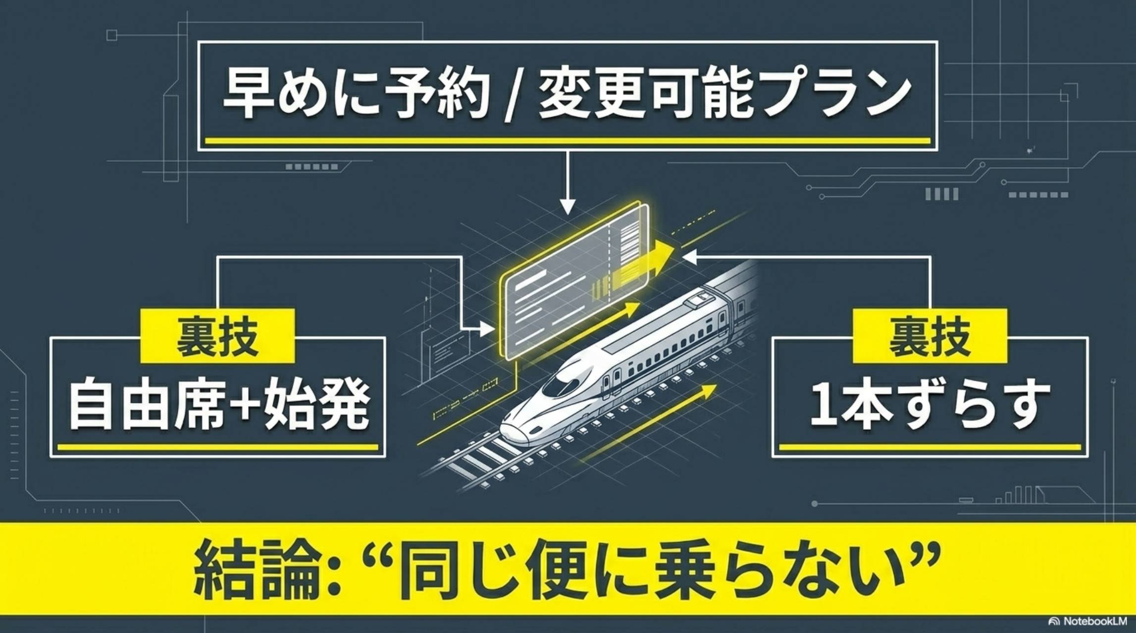 早めに予約・変更可能プラン。裏技：自由席＋始発。裏技：1本ずらす。結論：同じ便に乗らない