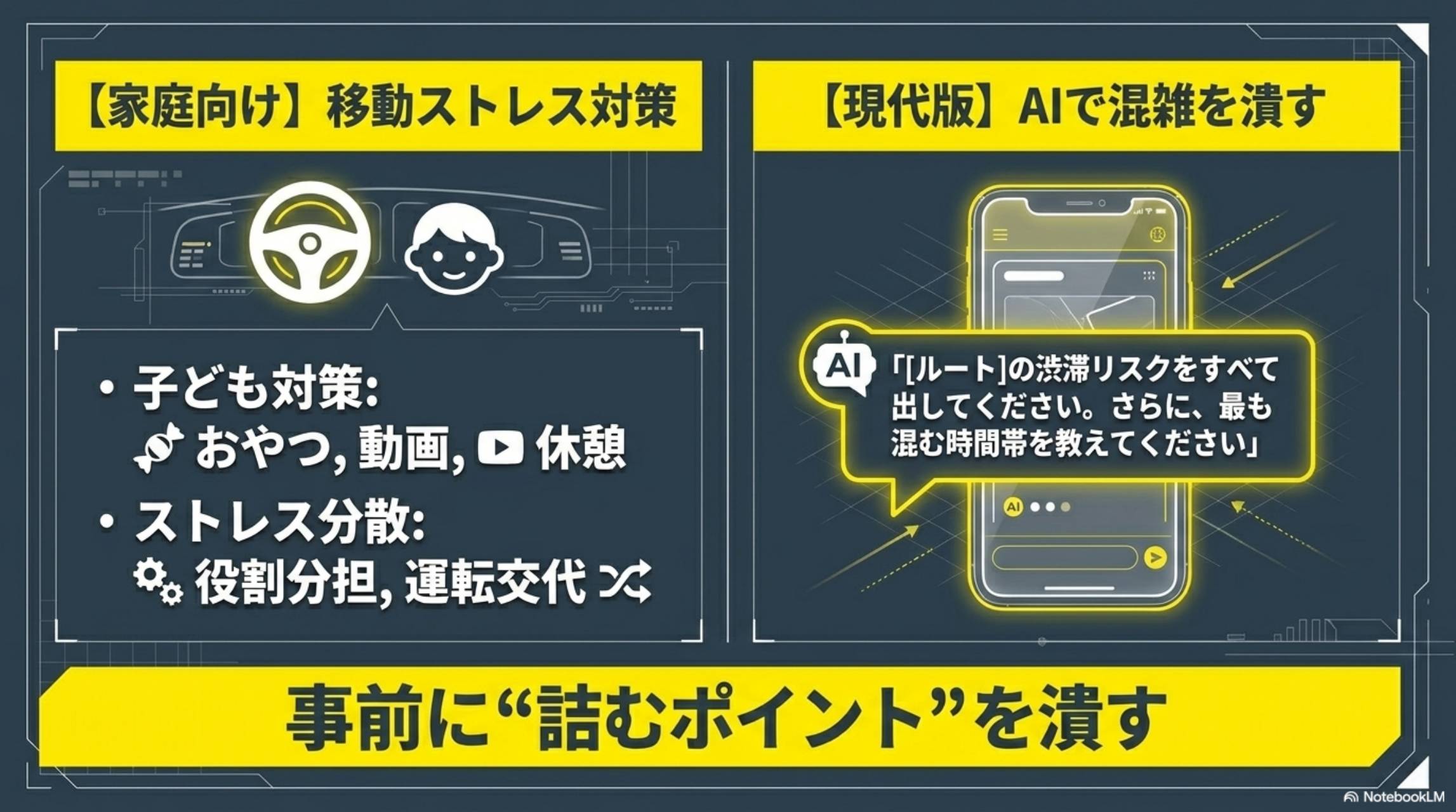 家庭向け移動ストレス対策：子ども対策（おやつ・動画・休憩）、ストレス分散（役割分担・運転交代）。現代版AIで混雑を潰す：ルートの渋滞リスクをすべて出してください・最も混む時間帯を教えてください。事前に詰むポイントを潰す