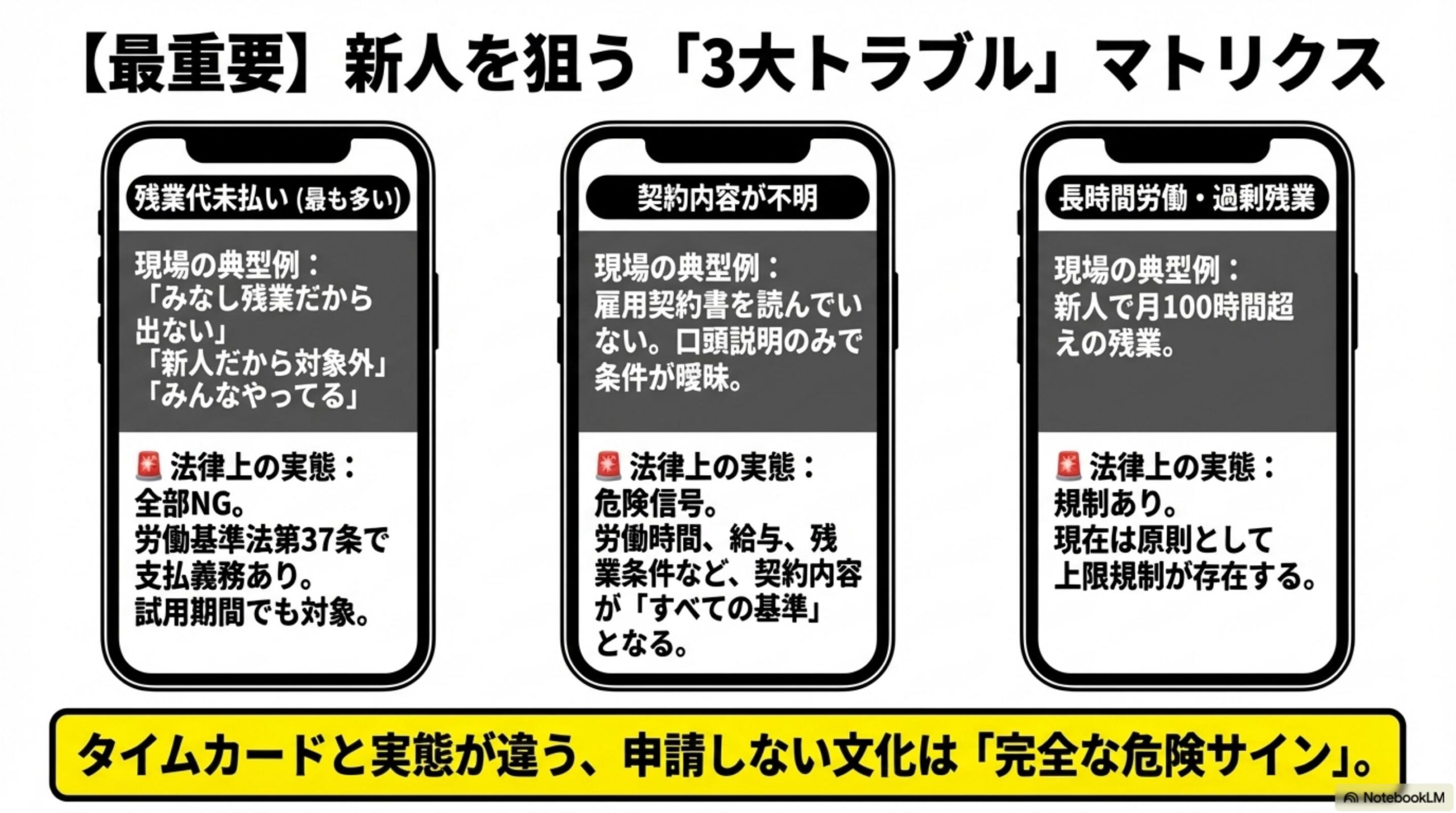 最重要：新人を狙う3大トラブルマトリクス。①残業代未払い（最も多い）：みなし残業だから出ない等は全部NG、労基法37条で支払義務あり。②契約内容が不明：危険信号。③長時間労働・過剰残業：現在は上限規制あり
