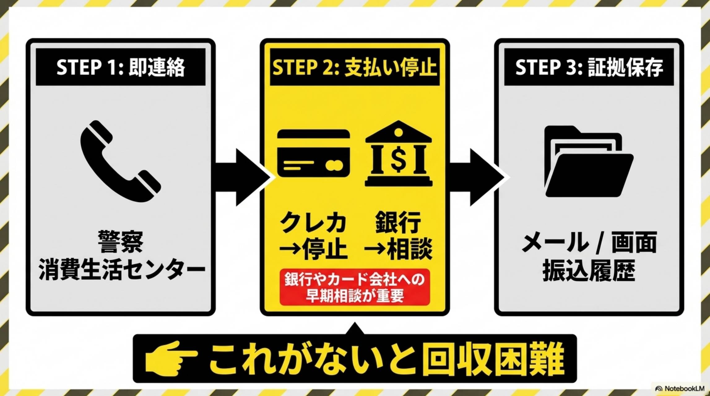被害にあったときの3STEP。STEP1：即連絡（警察・消費生活センター）→STEP2：支払い停止（クレカ停止・銀行相談）→STEP3：証拠保存（メール・画面・振込履歴）。これがないと回収困難。
