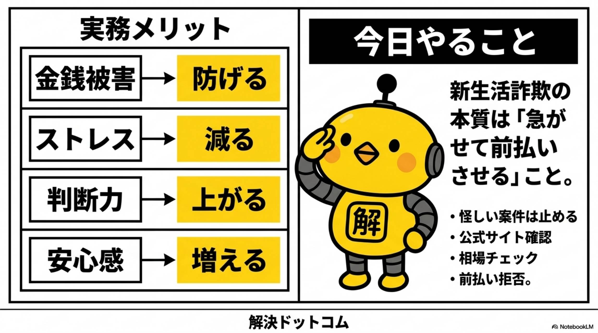 実務メリットと今日やること。金銭被害→防げる、ストレス→減る、判断力→上がる、安心感→増える。新生活詐欺の本質は急がせて前払いさせること。怪しい案件は止める・公式サイト確認・相場チェック・前払い拒否。解決ドットコム カイピヨくん。