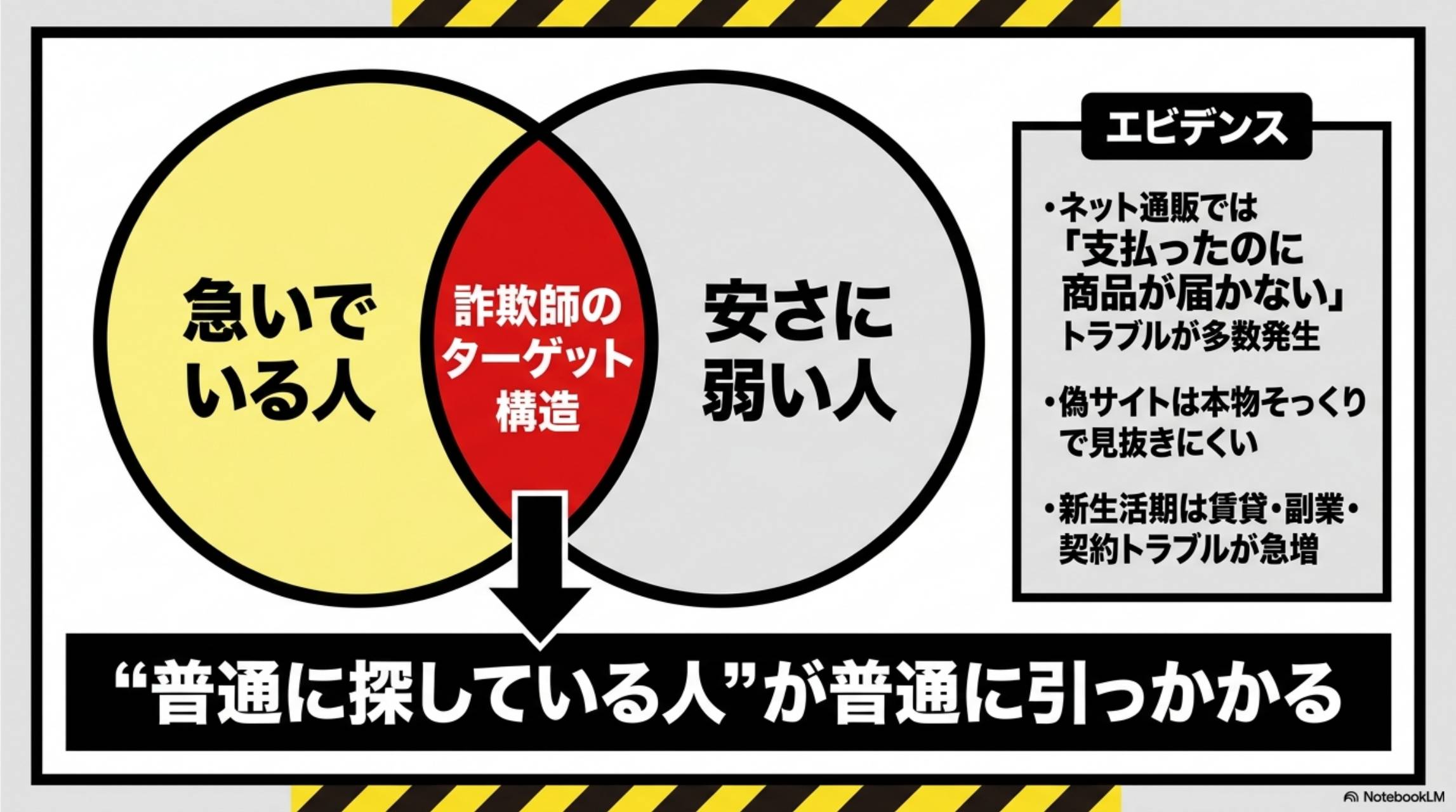 詐欺師のターゲット構造。急いでいる人×安さに弱い人が狙われる。エビデンス：ネット通販では支払ったのに商品が届かないトラブルが多数発生。偽サイトは本物そっくりで見抜きにくい。新生活期は賃貸・副業・契約トラブルが急増。結論：普通に探している人が普通に引っかかる。