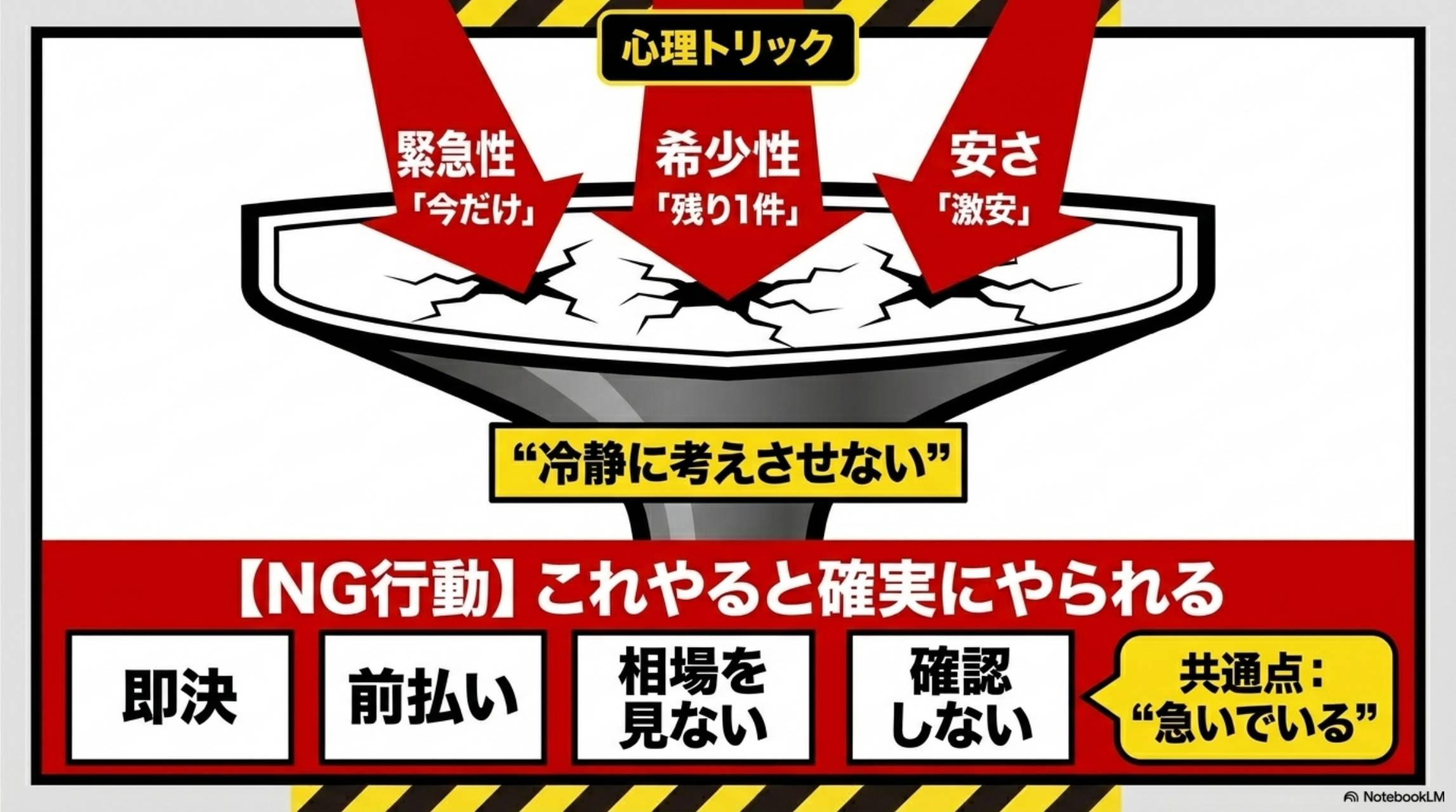 詐欺師の心理トリック。緊急性「今だけ」・希少性「残り1件」・安さ「激安」が冷静に考えさせない。NG行動：即決・前払い・相場を見ない・確認しない。共通点：急いでいる。