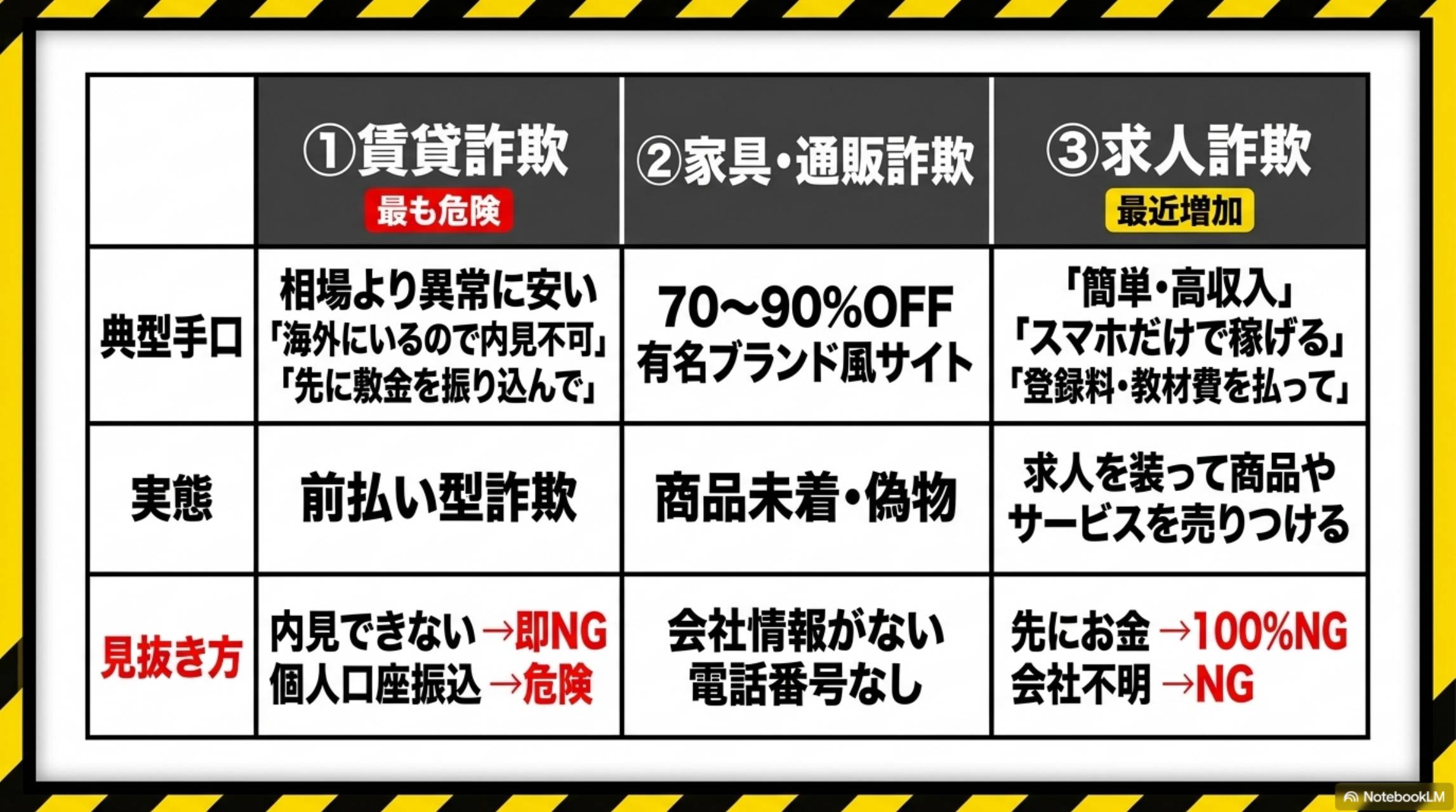 3大詐欺パターン比較表。①賃貸詐欺（最も危険）手口＝相場より異常に安い・海外にいるので内見不可・先に敷金を振り込んで。実態＝前払い型詐欺。見抜き方＝内見できない即NG・個人口座振込危険。②家具・通販詐欺手口＝70〜90%OFF有名ブランド風サイト。実態＝商品未着・偽物。見抜き方＝会社情報がない電話番号なし。③求人詐欺（最近増加）手口＝簡単高収入スマホだけで稼げる登録料教材費を払って。実態＝商品売りつけ。見抜き方＝先にお金100%NG。